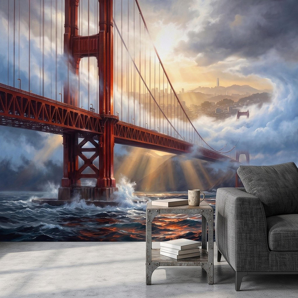 Golden Gate Bridge Peel and Stick Wall Mural, San Francisco Foggy Bay Ocean Waves California Coastal Dramatic Sunset Scenic Wallpaper