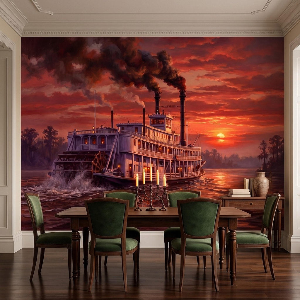 Mississippi Riverboat Peel and Stick Wall Mural, Vintage Paddle Steamer Southern River Old South Dramatic Sunset Americana Scenic Wallpaper