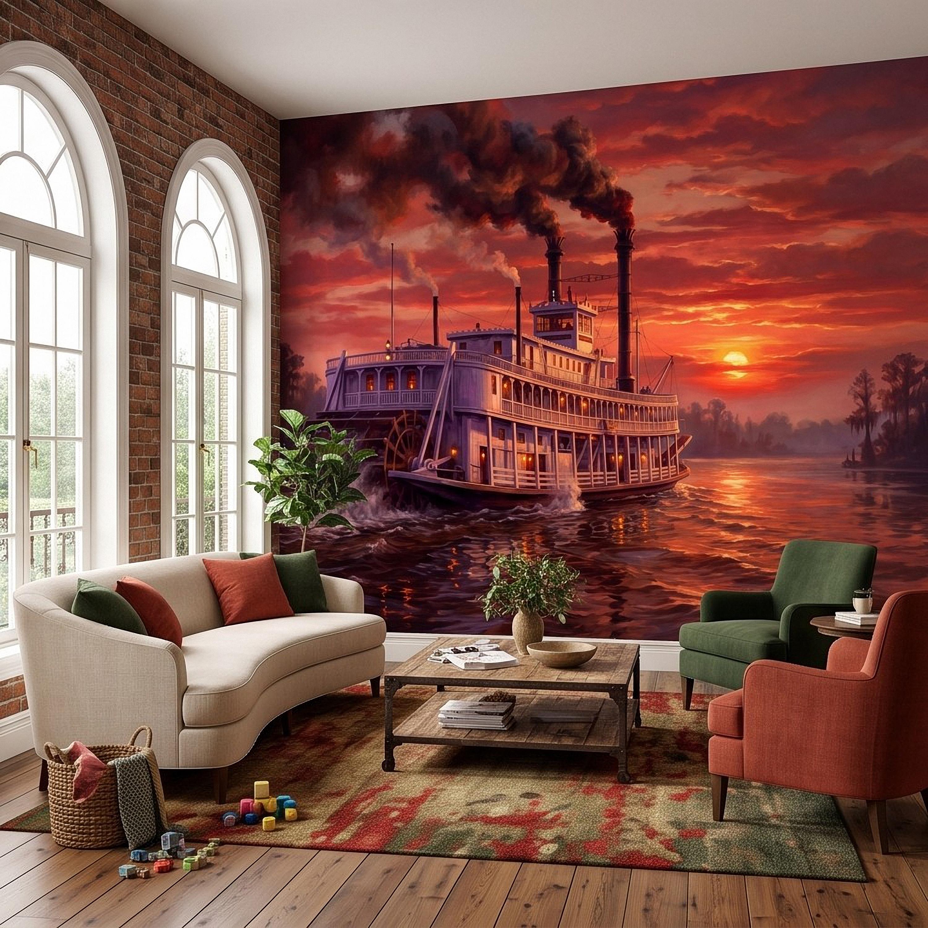 Mississippi Riverboat Peel and Stick Wall Mural, Vintage Paddle Steamer Southern River Old South Dramatic Sunset Americana Scenic Wallpaper