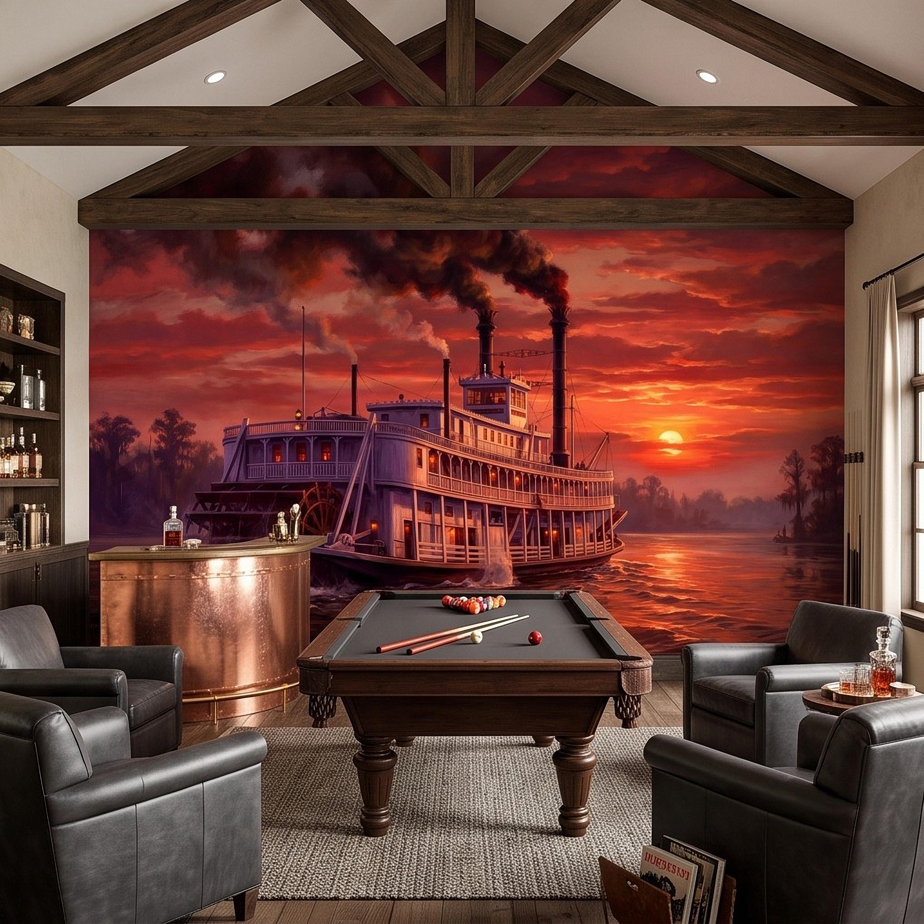 Mississippi Riverboat Peel and Stick Wall Mural, Vintage Paddle Steamer Southern River Old South Dramatic Sunset Americana Scenic Wallpaper