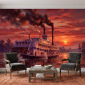 Mississippi Riverboat Peel and Stick Wall Mural, Vintage Paddle Steamer Southern River Old South Dramatic Sunset Americana Scenic Wallpaper
