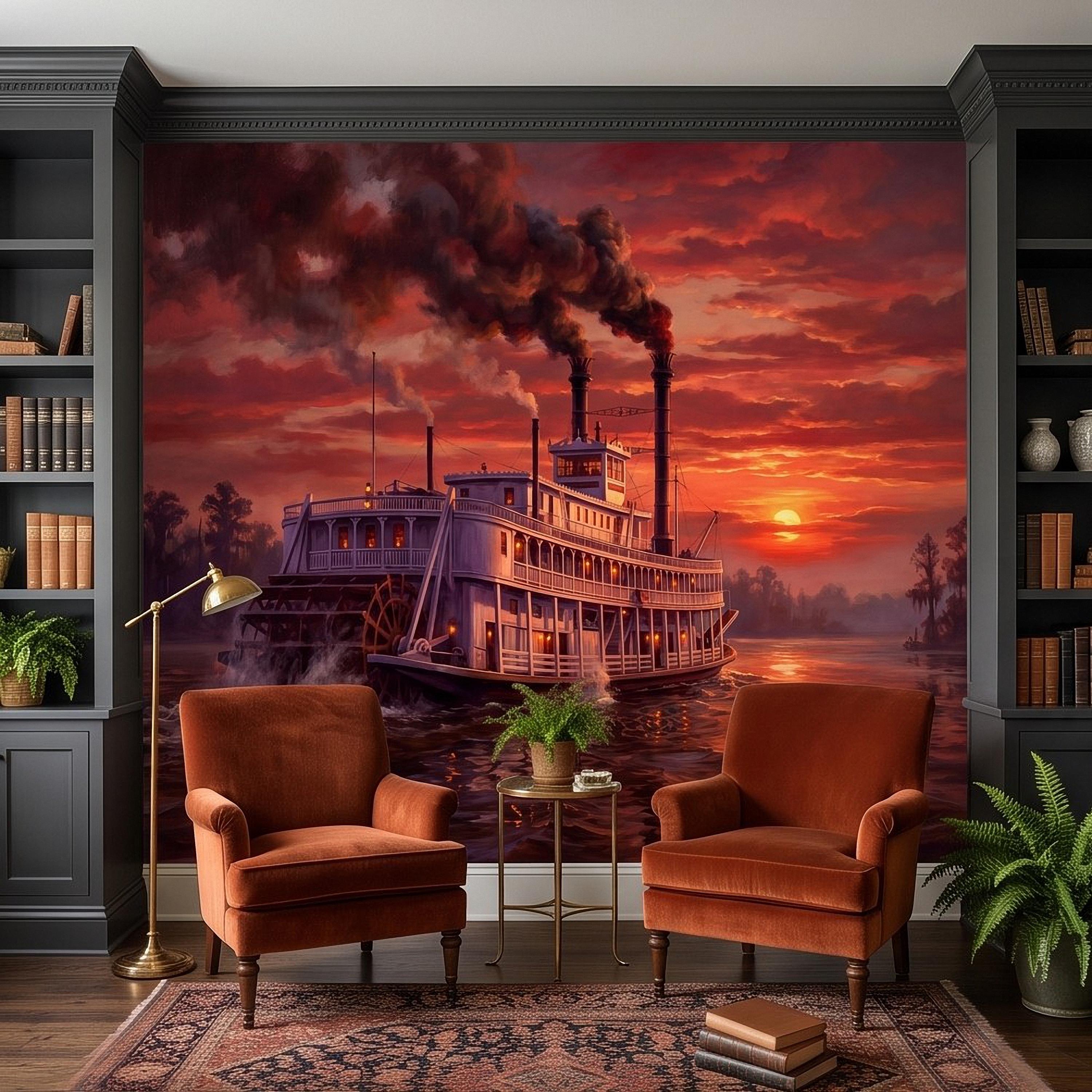 Mississippi Riverboat Peel and Stick Wall Mural, Vintage Paddle Steamer Southern River Old South Dramatic Sunset Americana Scenic Wallpaper
