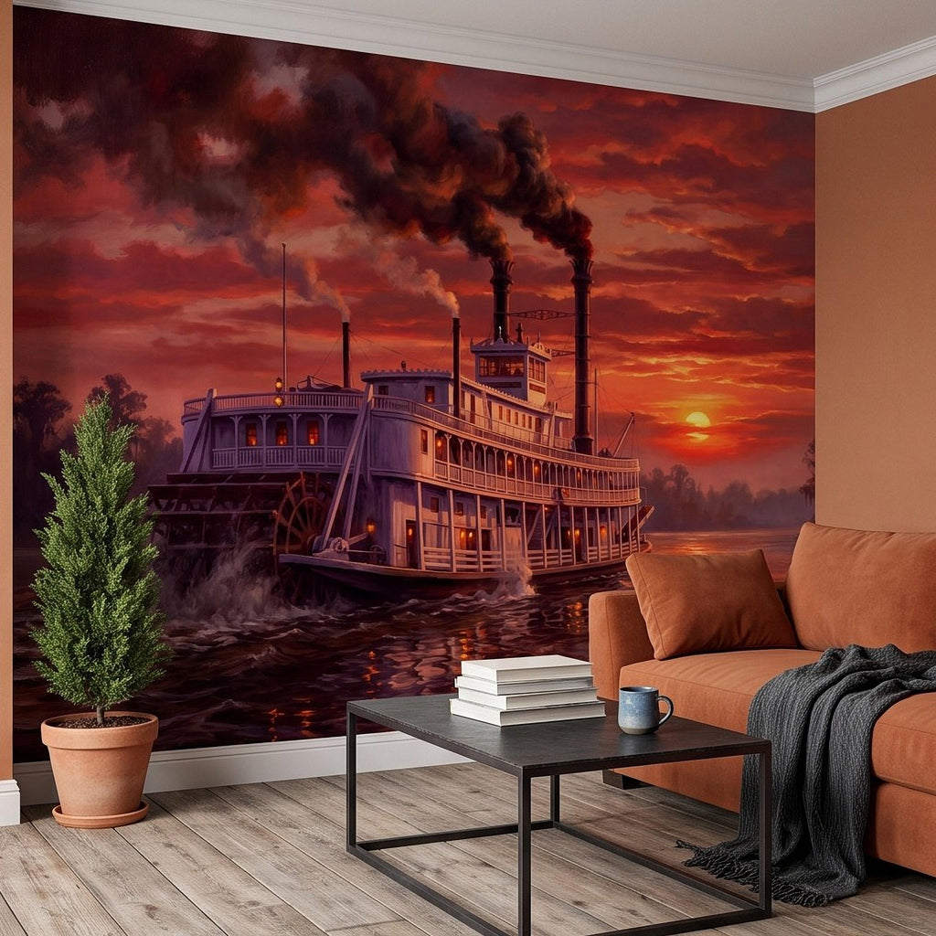 Mississippi Riverboat Peel and Stick Wall Mural, Vintage Paddle Steamer Southern River Old South Dramatic Sunset Americana Scenic Wallpaper