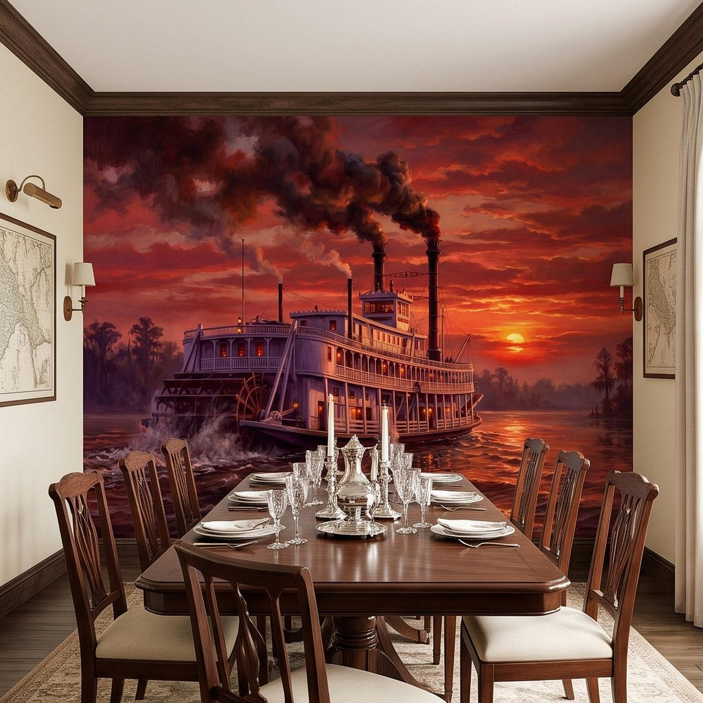 Mississippi Riverboat Peel and Stick Wall Mural, Vintage Paddle Steamer Southern River Old South Dramatic Sunset Americana Scenic Wallpaper