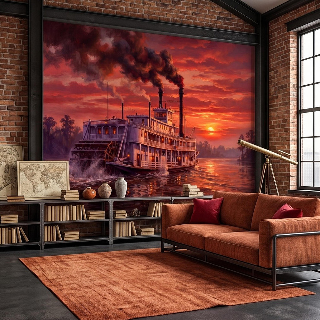 Mississippi Riverboat Peel and Stick Wall Mural, Vintage Paddle Steamer Southern River Old South Dramatic Sunset Americana Scenic Wallpaper