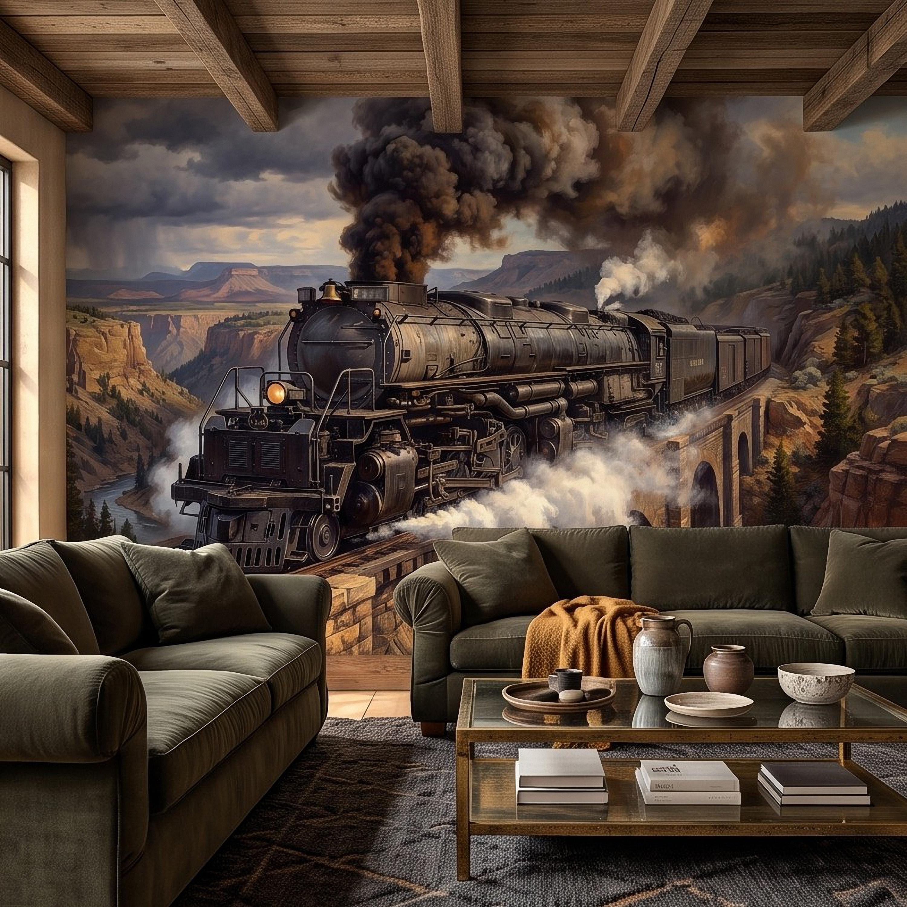 Steam Train Peel and Stick Wall Mural, Vintage Locomotive Mountain Railroad Canyon Bridge American West Railway Scenic Industrial Wallpaper