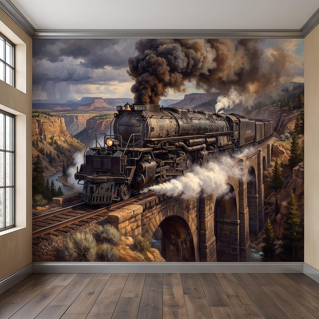Steam Train Peel and Stick Wall Mural, Vintage Locomotive Mountain Railroad Canyon Bridge American West Railway Scenic Industrial Wallpaper