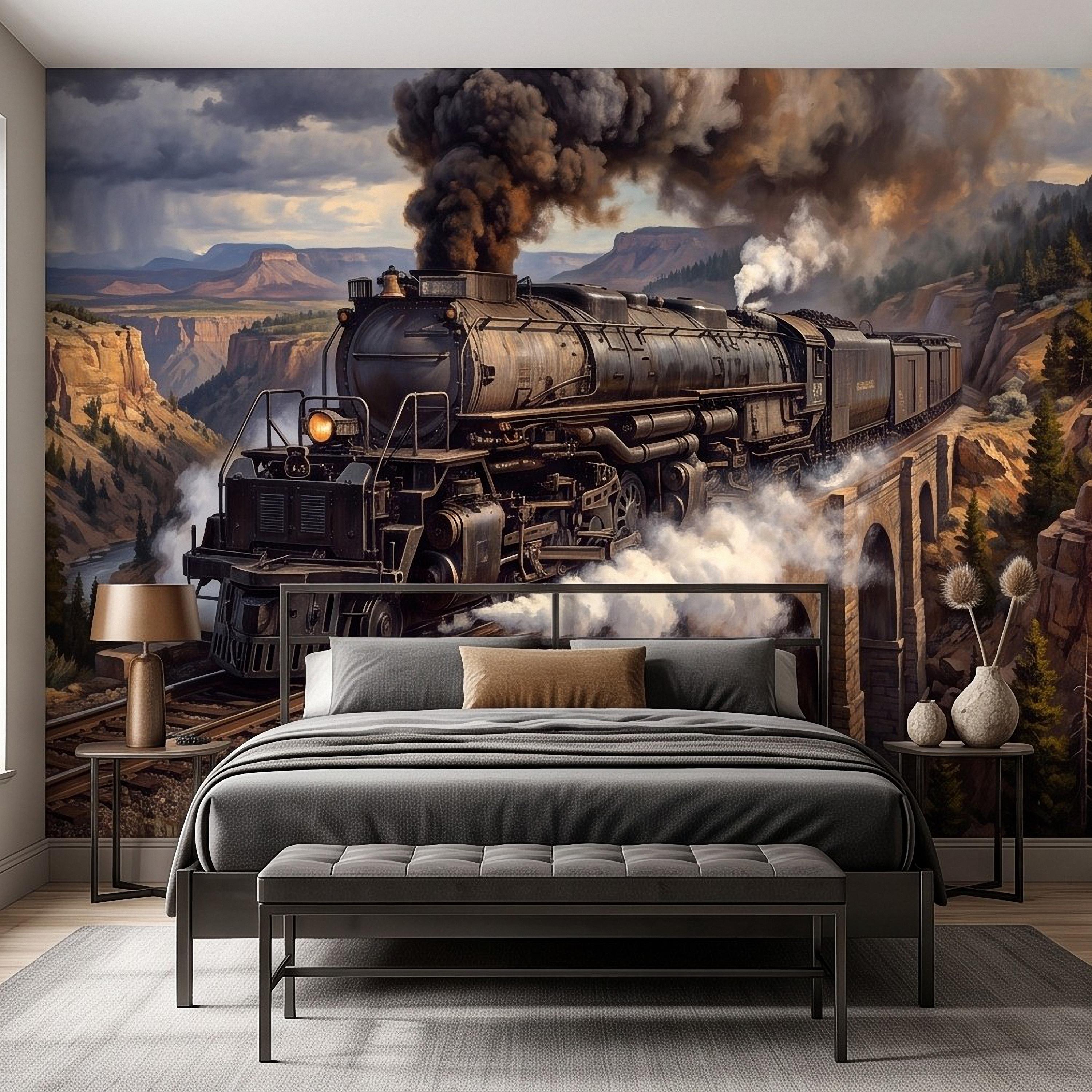 Steam Train Peel and Stick Wall Mural, Vintage Locomotive Mountain Railroad Canyon Bridge American West Railway Scenic Industrial Wallpaper