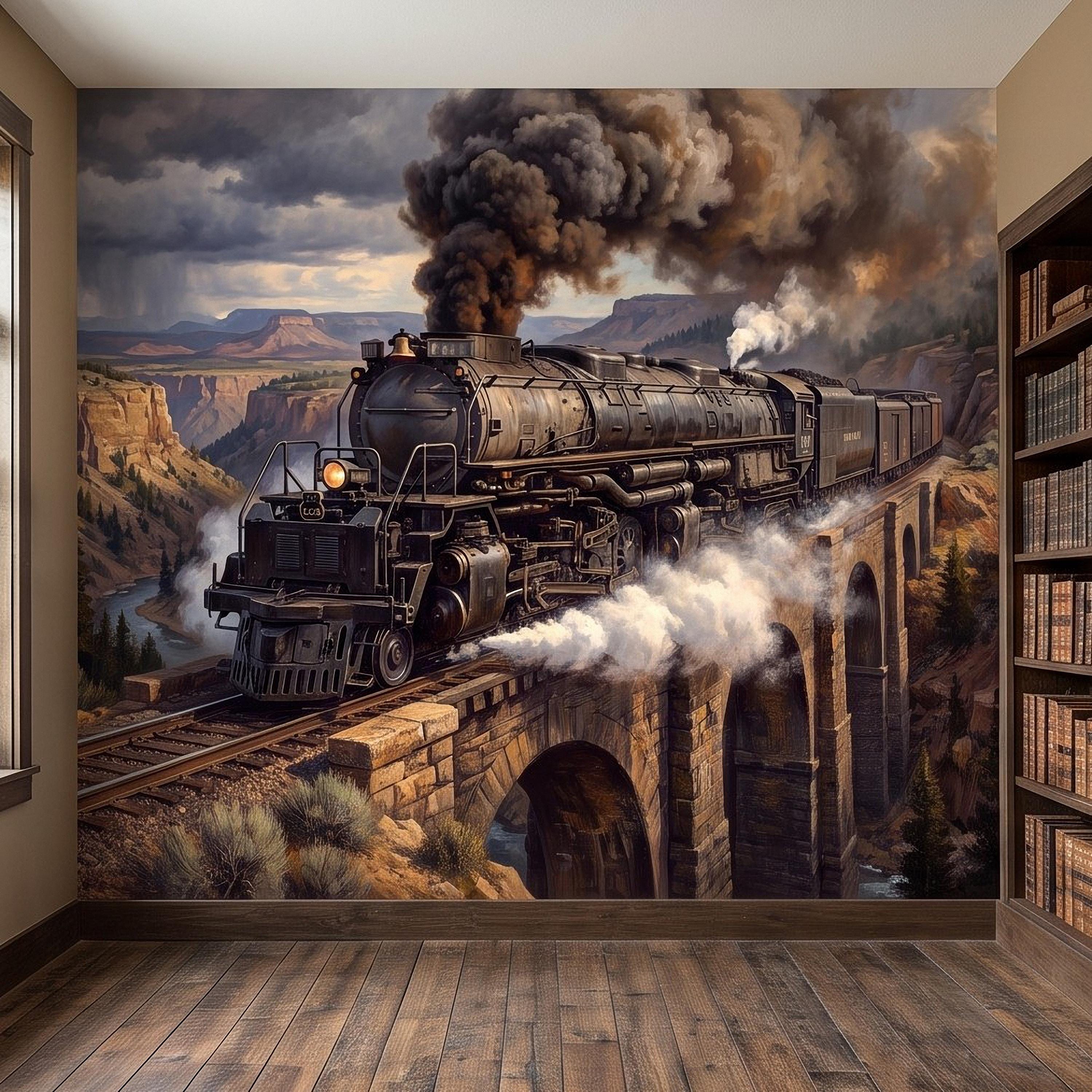 Steam Train Peel and Stick Wall Mural, Vintage Locomotive Mountain Railroad Canyon Bridge American West Railway Scenic Industrial Wallpaper