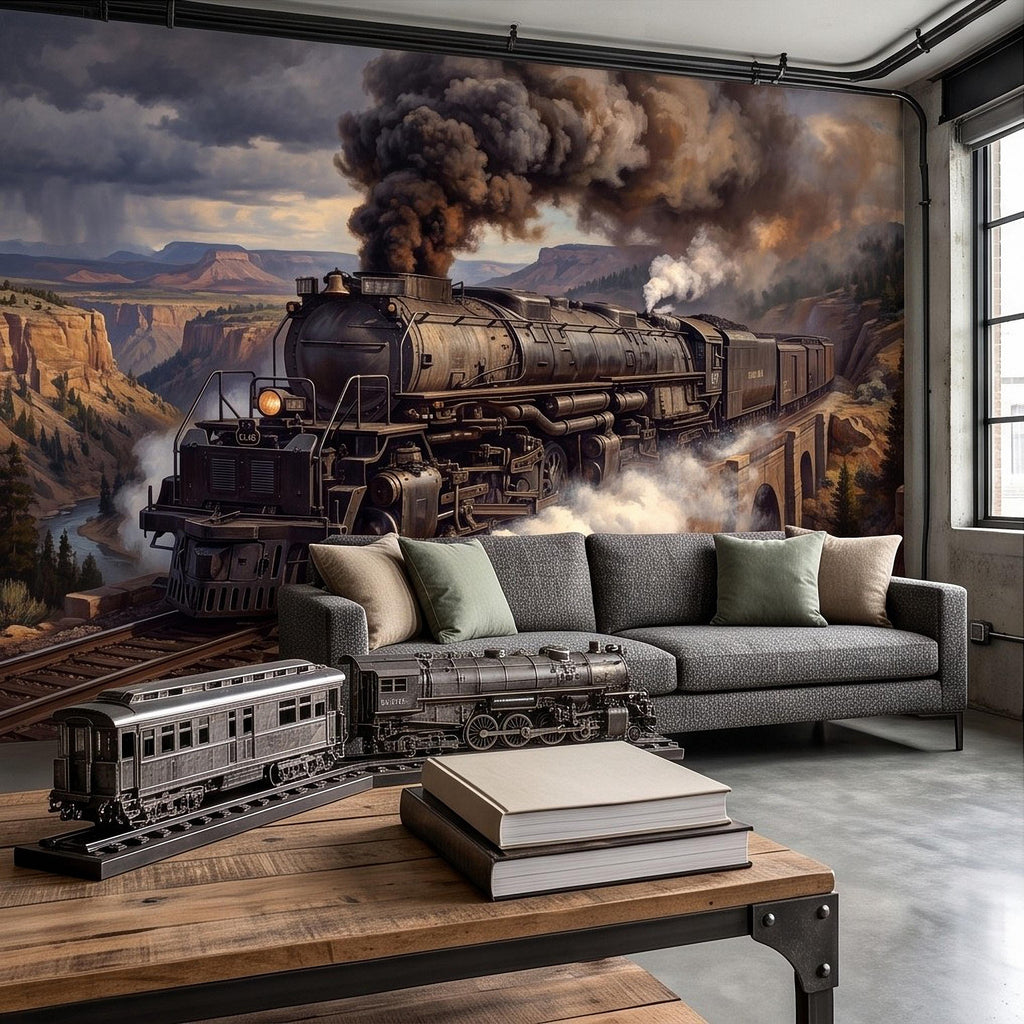 Steam Train Peel and Stick Wall Mural, Vintage Locomotive Mountain Railroad Canyon Bridge American West Railway Scenic Industrial Wallpaper