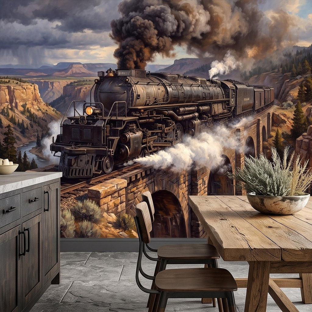 Steam Train Peel and Stick Wall Mural, Vintage Locomotive Mountain Railroad Canyon Bridge American West Railway Scenic Industrial Wallpaper