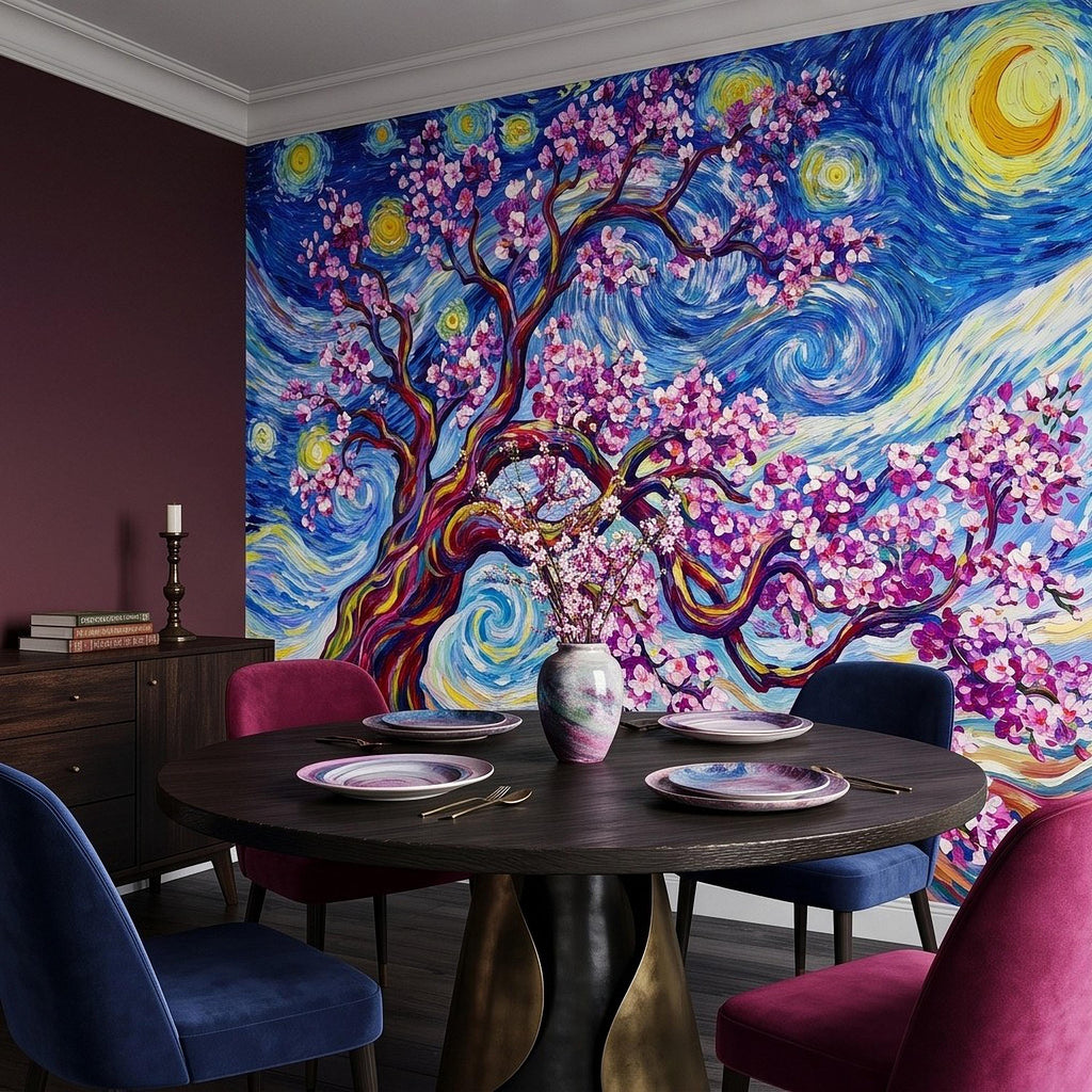 Almond Blossom Starry Night Peel and Stick Wall Mural, Pink Flowering Tree Swirling Blue Sky Van Gogh Inspired Impasto Art Wallpaper