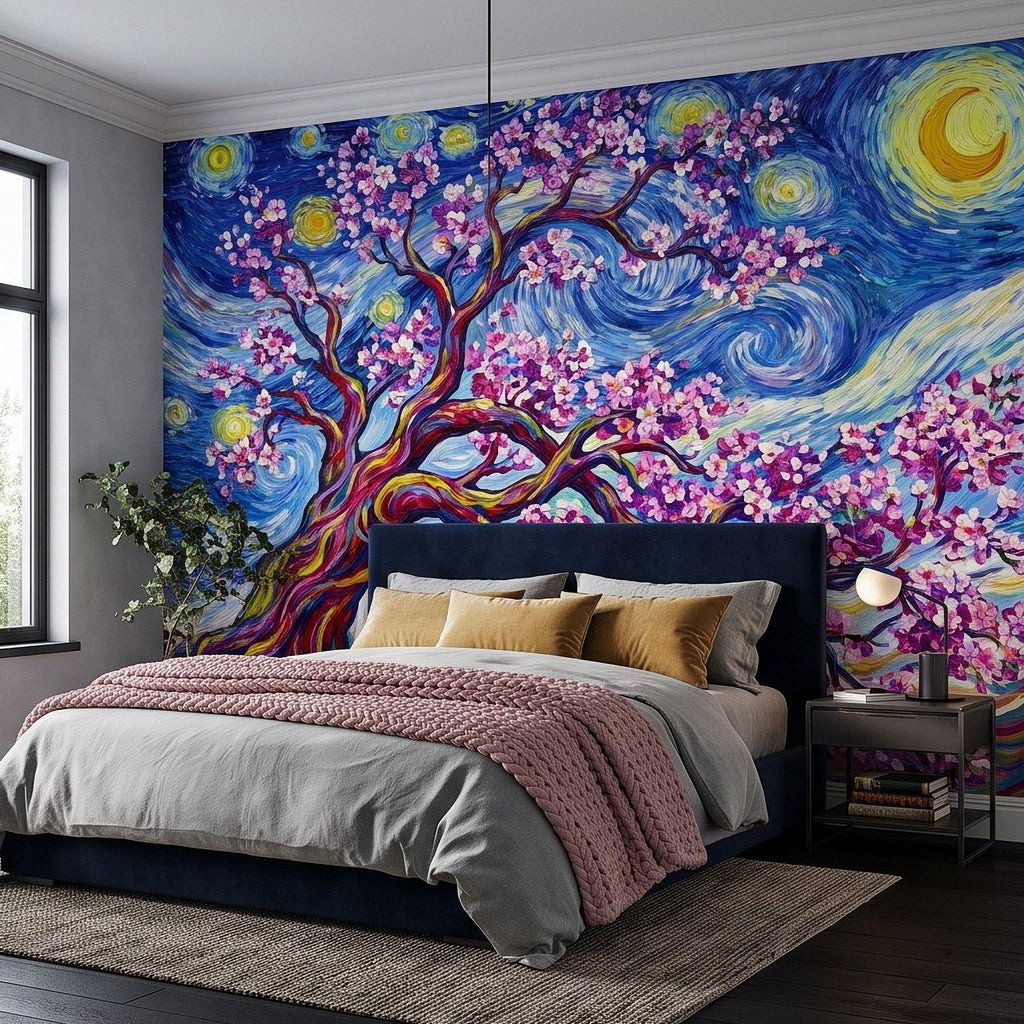 Almond Blossom Starry Night Peel and Stick Wall Mural, Pink Flowering Tree Swirling Blue Sky Van Gogh Inspired Impasto Art Wallpaper