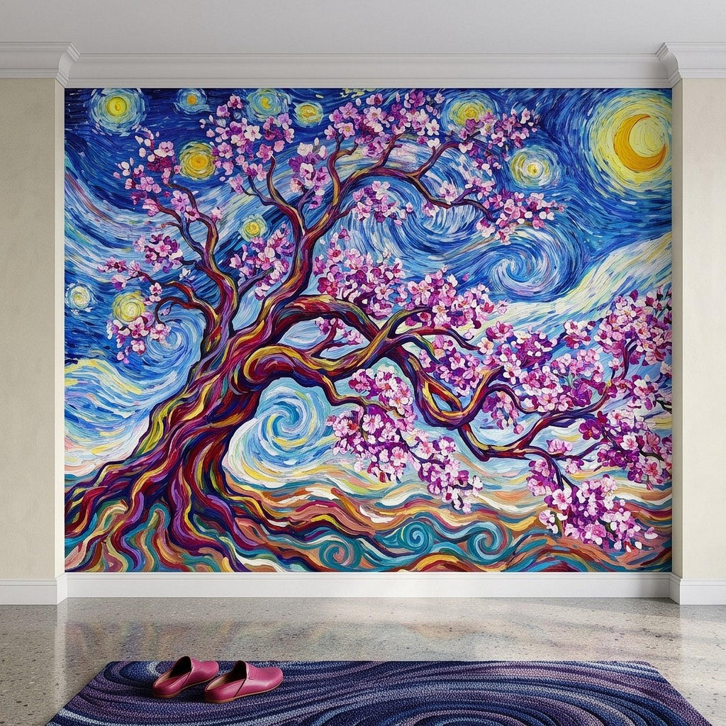 Almond Blossom Starry Night Peel and Stick Wall Mural, Pink Flowering Tree Swirling Blue Sky Van Gogh Inspired Impasto Art Wallpaper