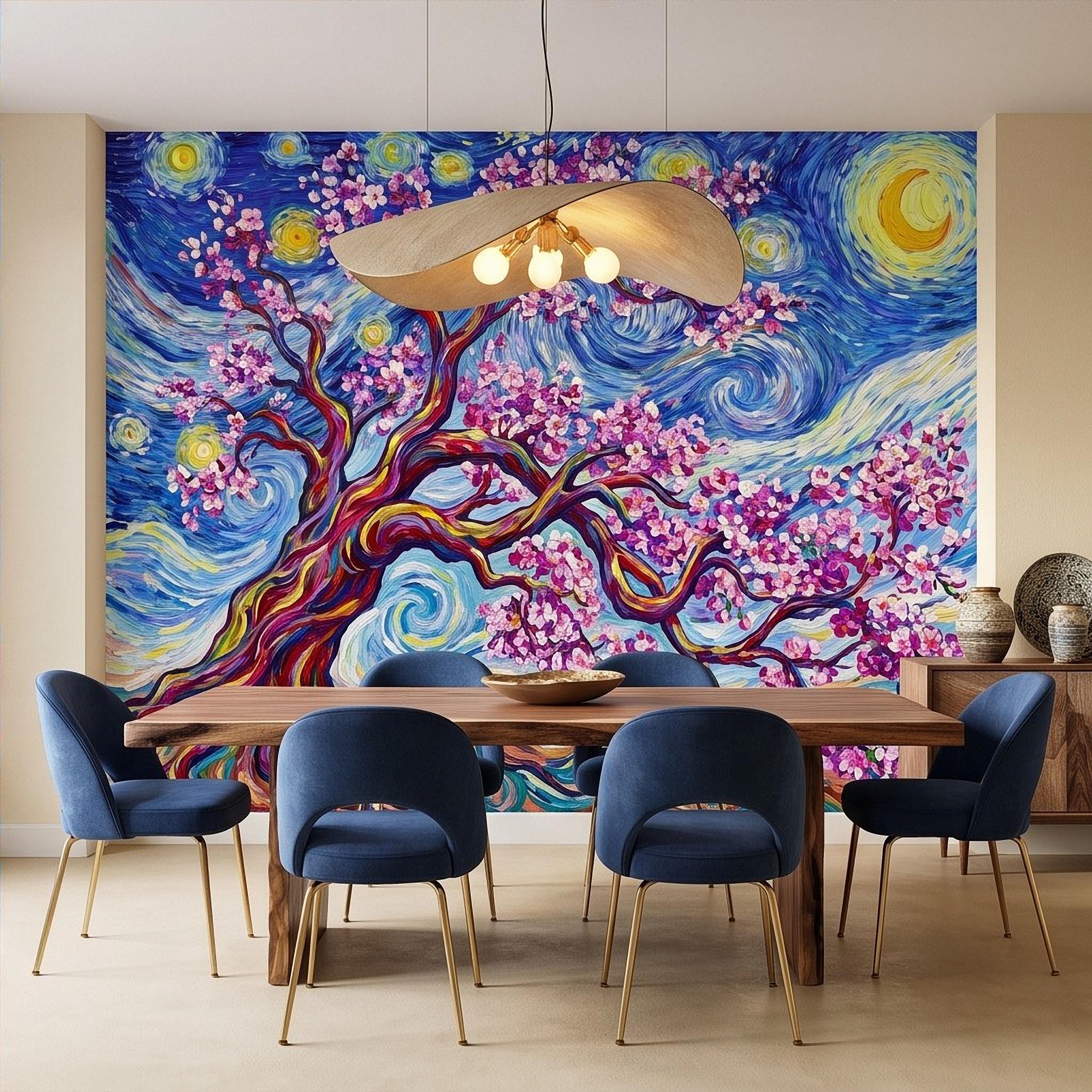 Almond Blossom Starry Night Peel and Stick Wall Mural, Pink Flowering Tree Swirling Blue Sky Van Gogh Inspired Impasto Art Wallpaper