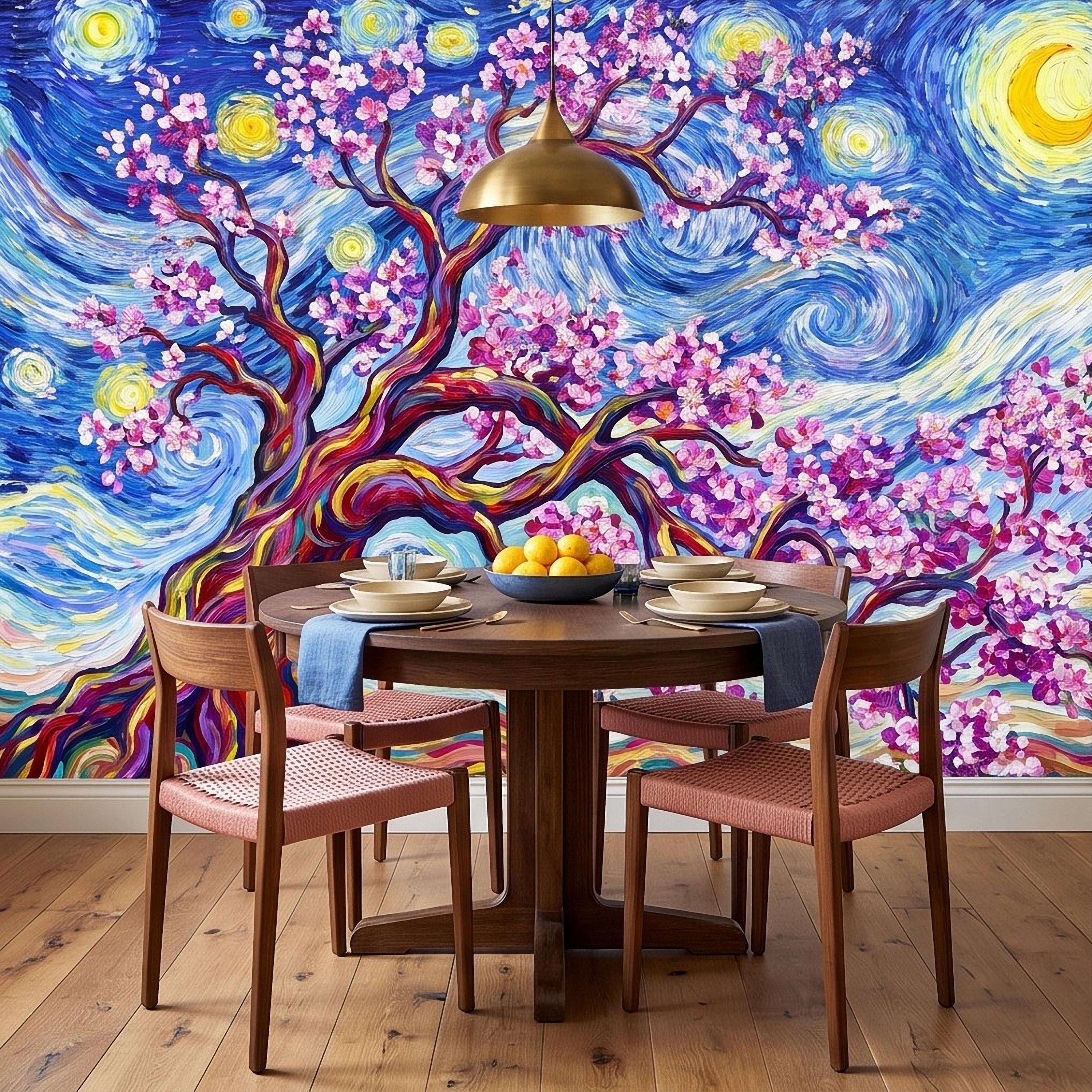 Almond Blossom Starry Night Peel and Stick Wall Mural, Pink Flowering Tree Swirling Blue Sky Van Gogh Inspired Impasto Art Wallpaper