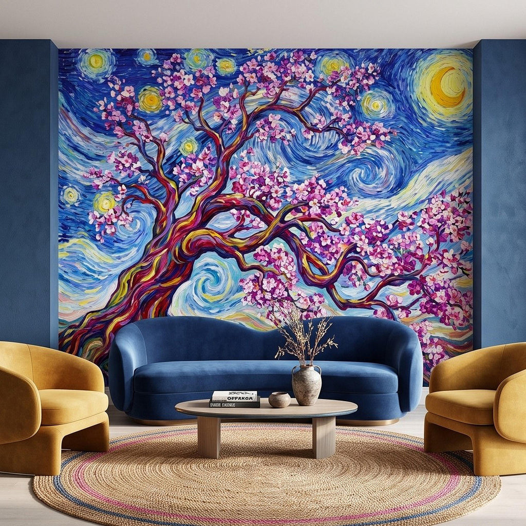 Almond Blossom Starry Night Peel and Stick Wall Mural, Pink Flowering Tree Swirling Blue Sky Van Gogh Inspired Impasto Art Wallpaper