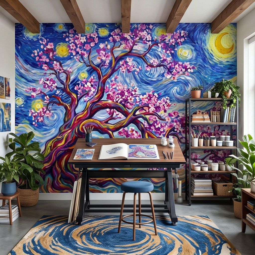 Almond Blossom Starry Night Peel and Stick Wall Mural, Pink Flowering Tree Swirling Blue Sky Van Gogh Inspired Impasto Art Wallpaper