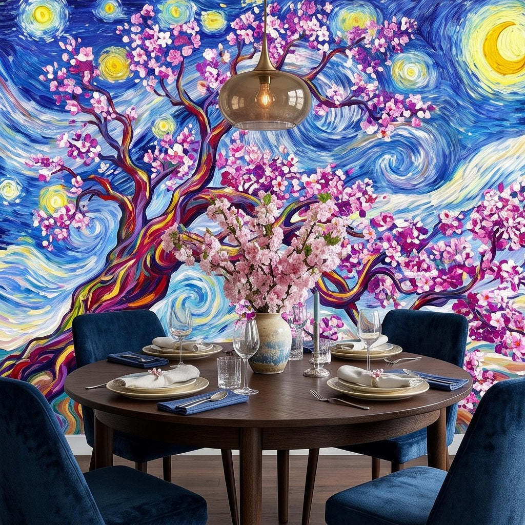 Almond Blossom Starry Night Peel and Stick Wall Mural, Pink Flowering Tree Swirling Blue Sky Van Gogh Inspired Impasto Art Wallpaper
