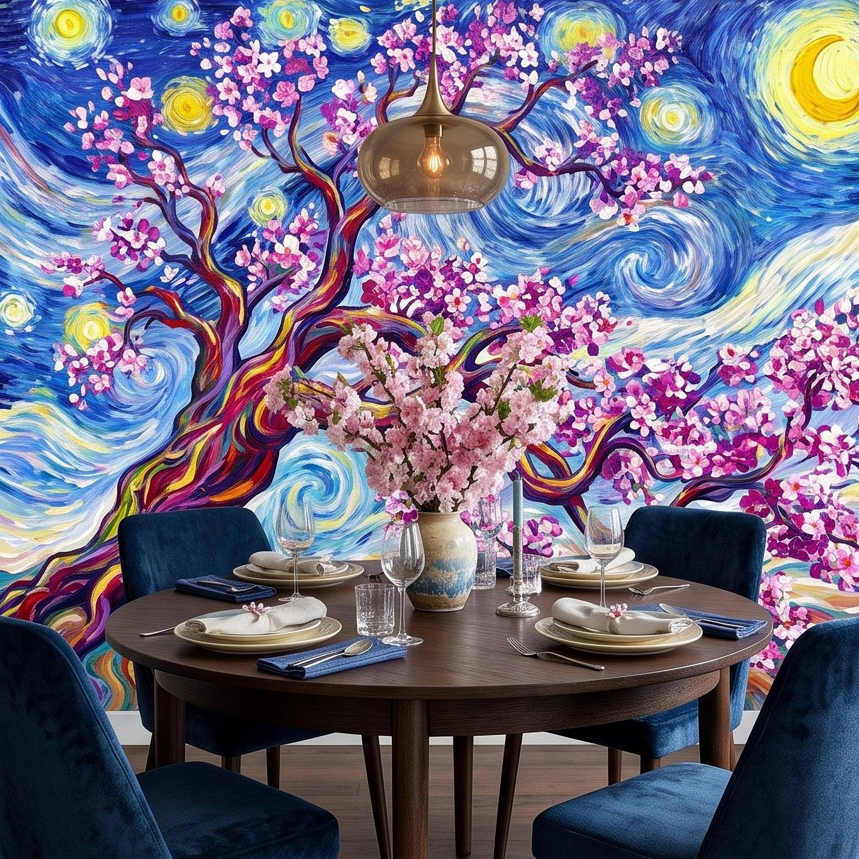 Almond Blossom Starry Night Peel and Stick Wall Mural, Pink Flowering Tree Swirling Blue Sky Van Gogh Inspired Impasto Art Wallpaper