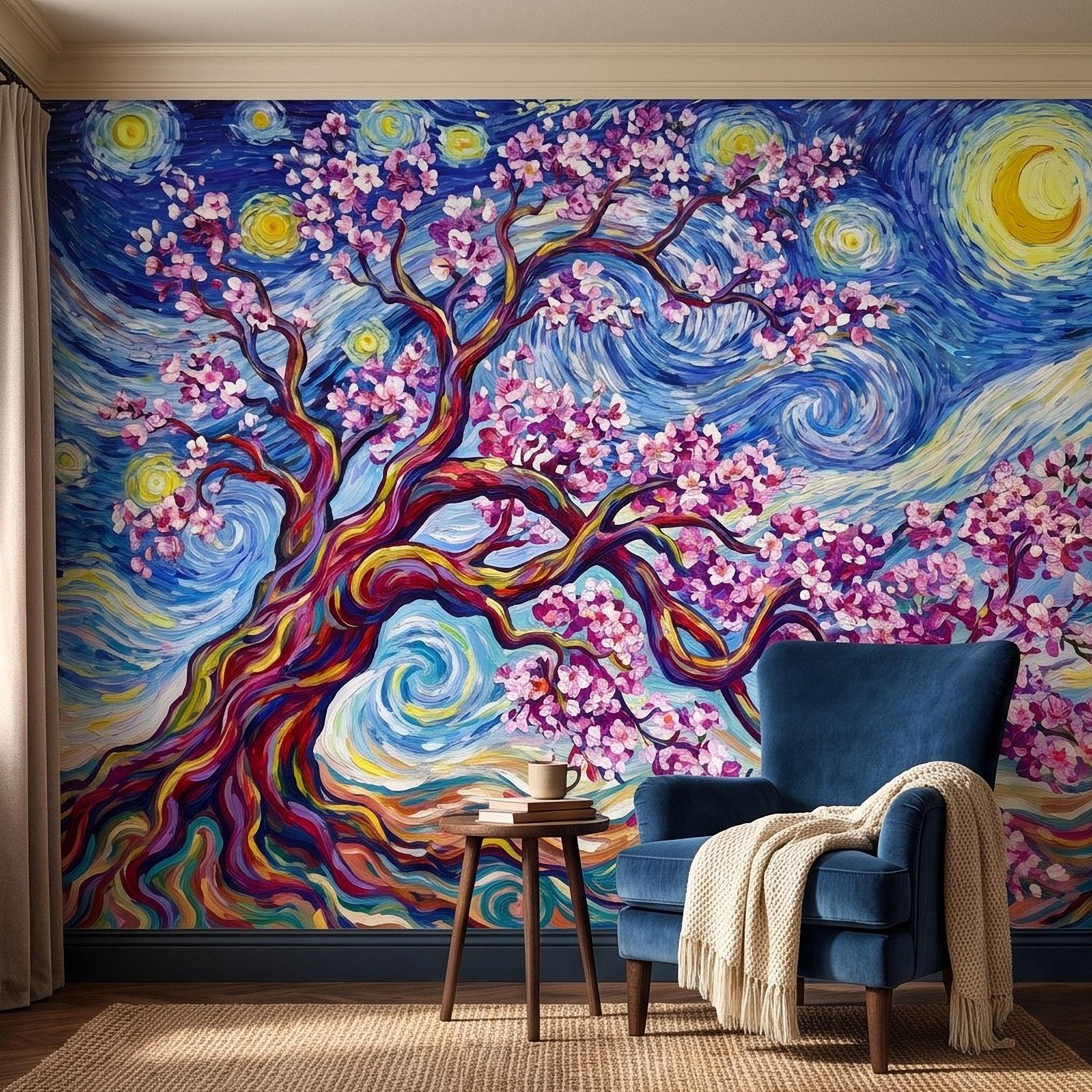 Almond Blossom Starry Night Peel and Stick Wall Mural, Pink Flowering Tree Swirling Blue Sky Van Gogh Inspired Impasto Art Wallpaper