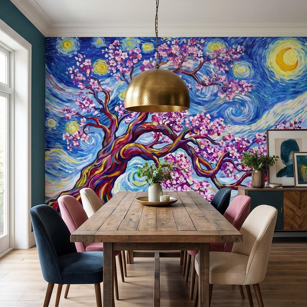 Almond Blossom Starry Night Peel and Stick Wall Mural, Pink Flowering Tree Swirling Blue Sky Van Gogh Inspired Impasto Art Wallpaper