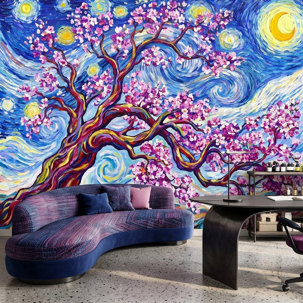 Almond Blossom Starry Night Peel and Stick Wall Mural, Pink Flowering Tree Swirling Blue Sky Van Gogh Inspired Impasto Art Wallpaper