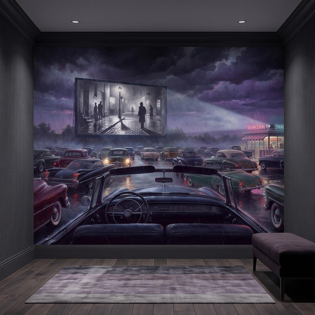 Vintage Drive In Movie Peel and Stick Wall Mural, Classic Cars Outdoor Cinema Rainy Night Retro Americana Nostalgic Movie Theater Wallpaper
