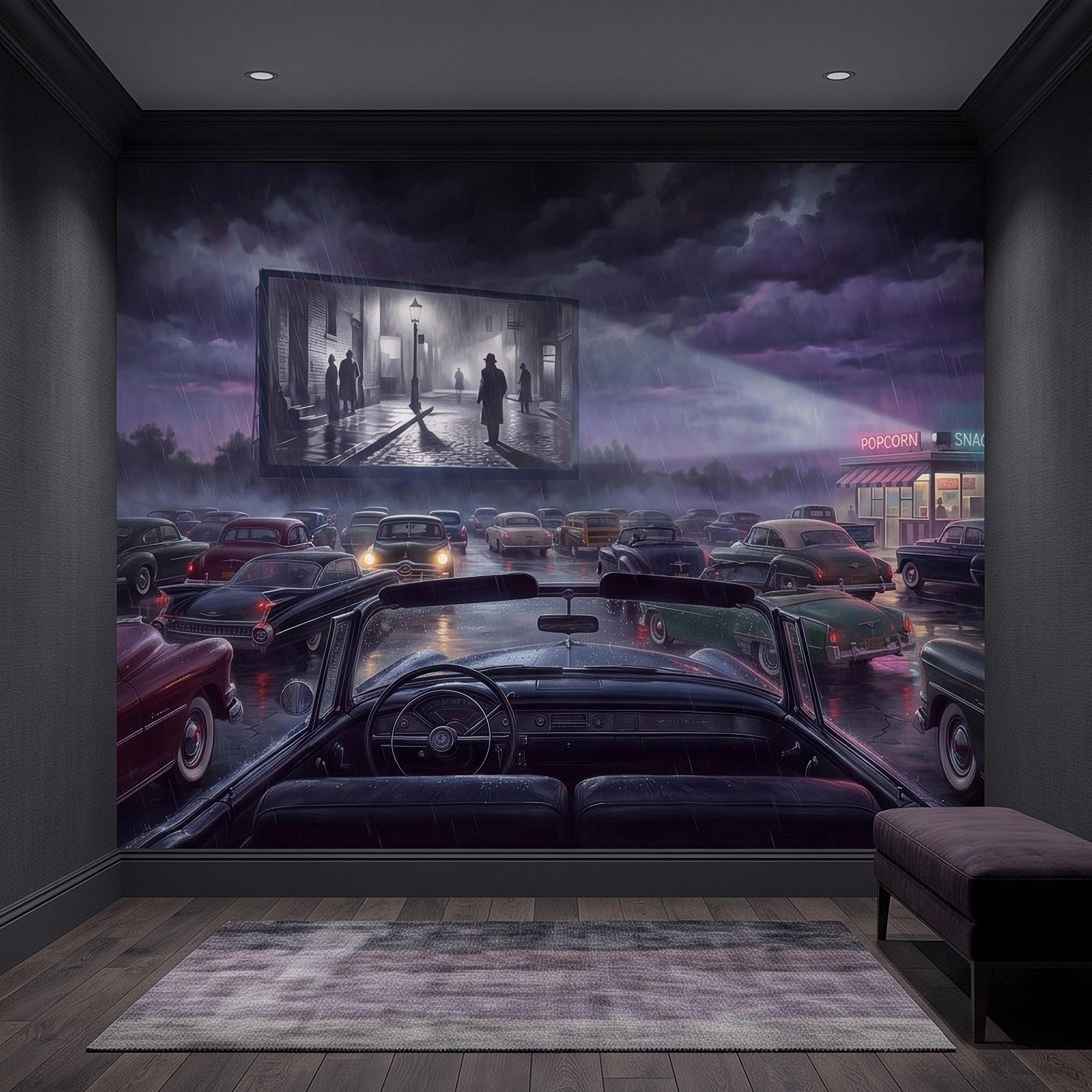 Vintage Drive In Movie Peel and Stick Wall Mural, Classic Cars Outdoor Cinema Rainy Night Retro Americana Nostalgic Movie Theater Wallpaper