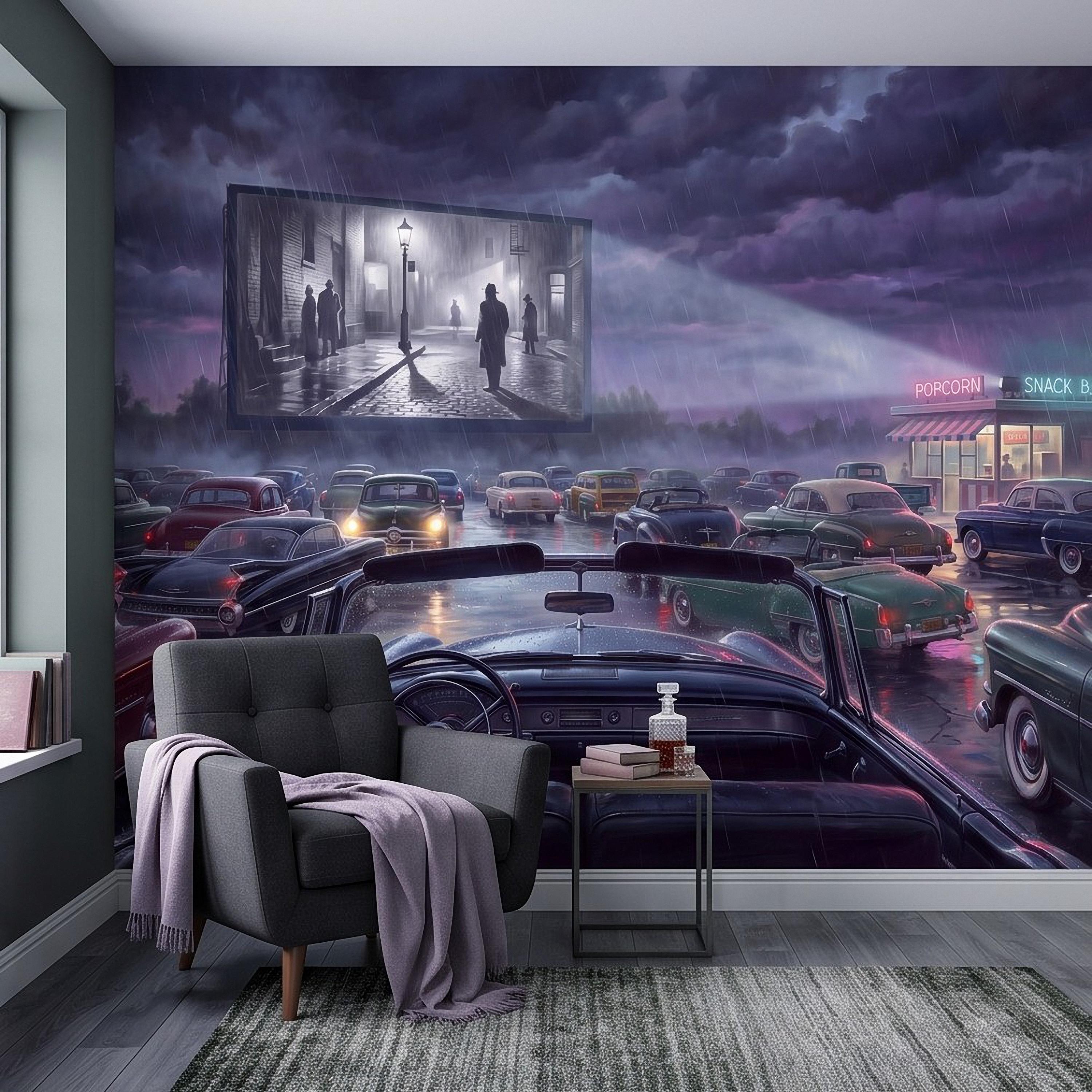 Vintage Drive In Movie Peel and Stick Wall Mural, Classic Cars Outdoor Cinema Rainy Night Retro Americana Nostalgic Movie Theater Wallpaper