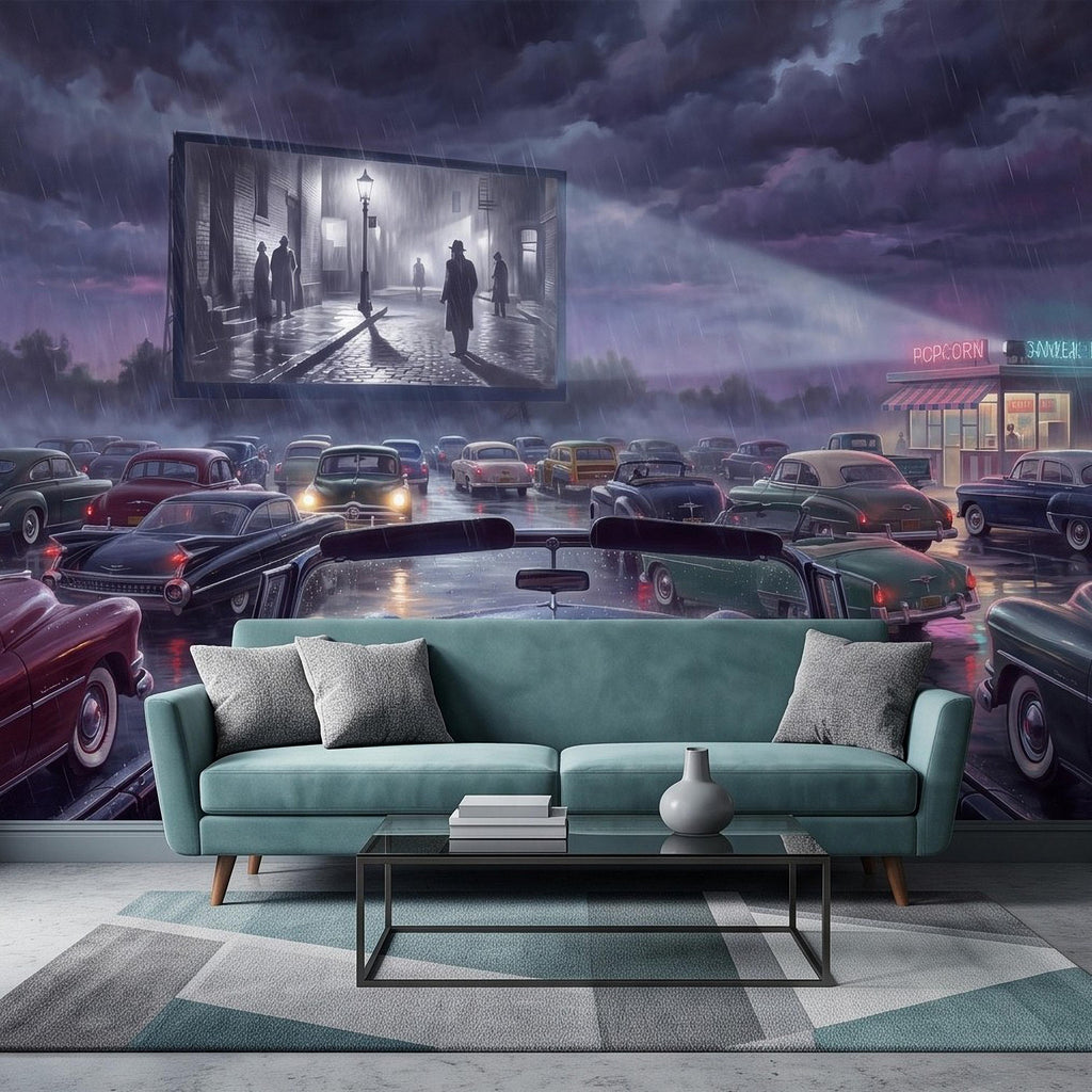 Vintage Drive In Movie Peel and Stick Wall Mural, Classic Cars Outdoor Cinema Rainy Night Retro Americana Nostalgic Movie Theater Wallpaper