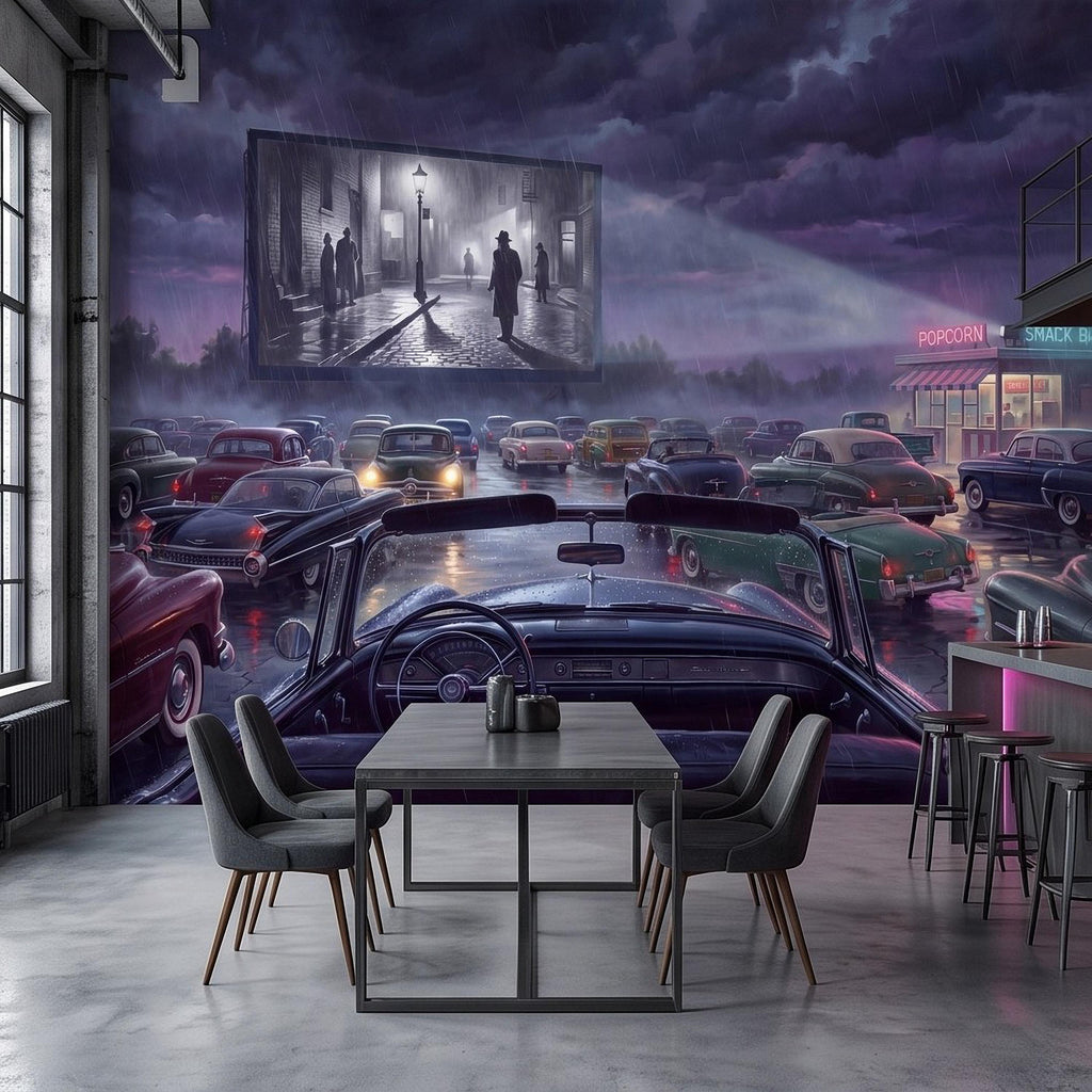 Vintage Drive In Movie Peel and Stick Wall Mural, Classic Cars Outdoor Cinema Rainy Night Retro Americana Nostalgic Movie Theater Wallpaper