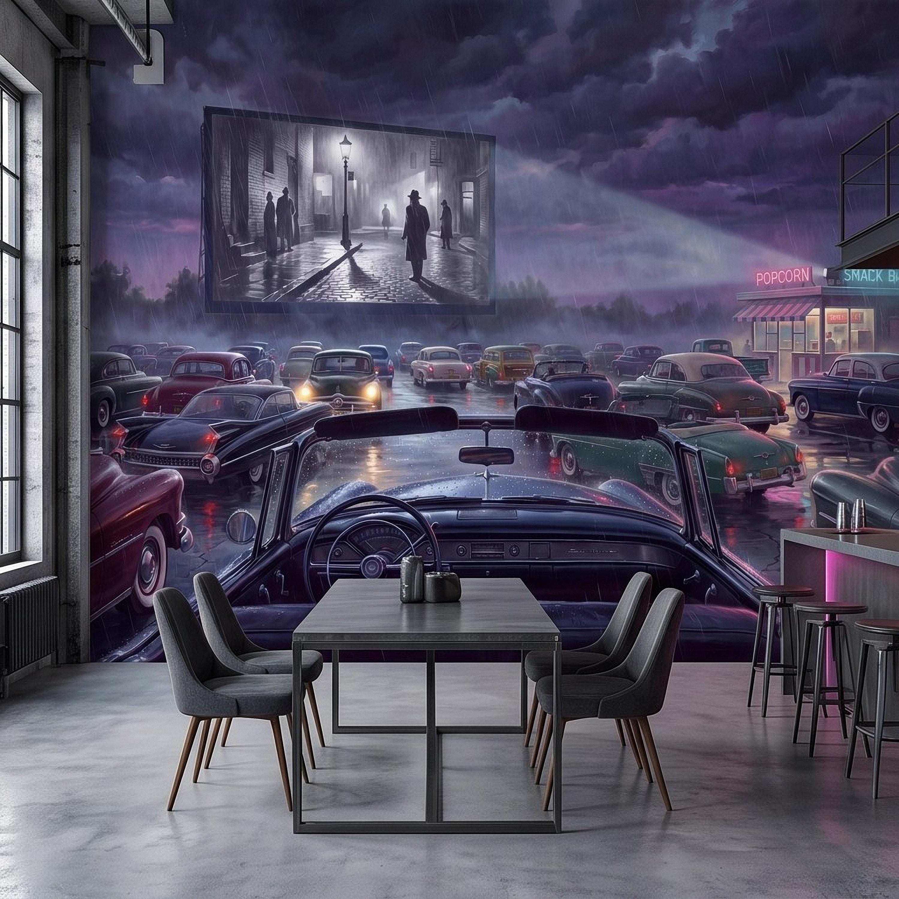 Vintage Drive In Movie Peel and Stick Wall Mural, Classic Cars Outdoor Cinema Rainy Night Retro Americana Nostalgic Movie Theater Wallpaper