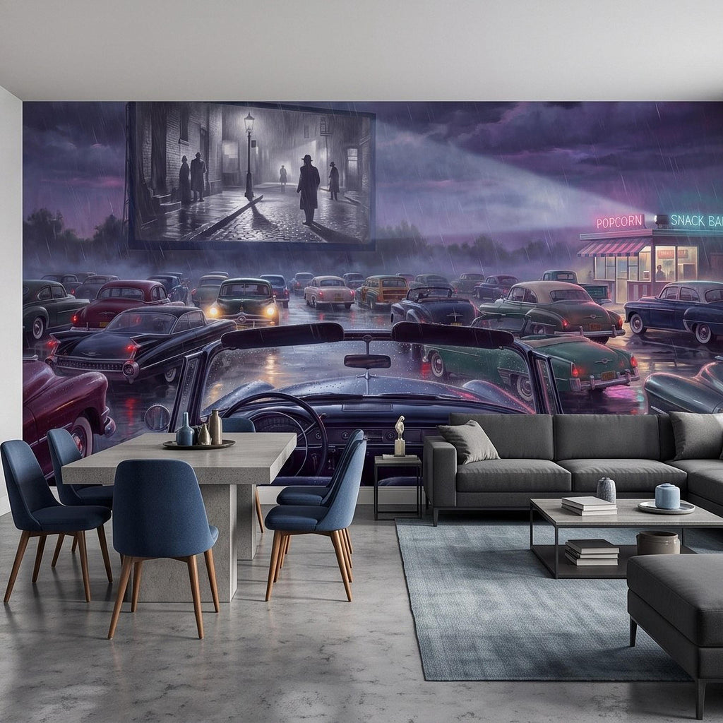 Vintage Drive In Movie Peel and Stick Wall Mural, Classic Cars Outdoor Cinema Rainy Night Retro Americana Nostalgic Movie Theater Wallpaper