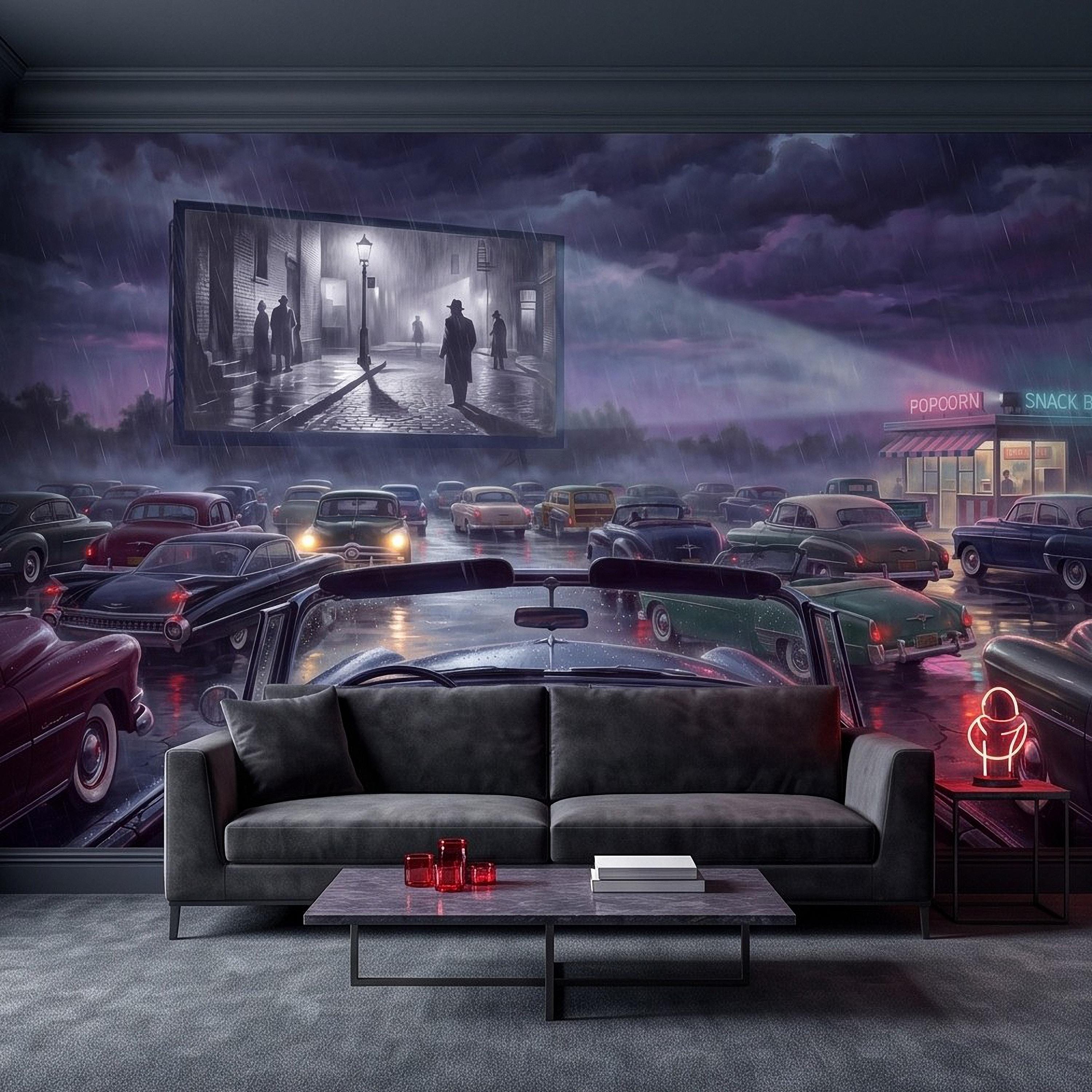 Vintage Drive In Movie Peel and Stick Wall Mural, Classic Cars Outdoor Cinema Rainy Night Retro Americana Nostalgic Movie Theater Wallpaper