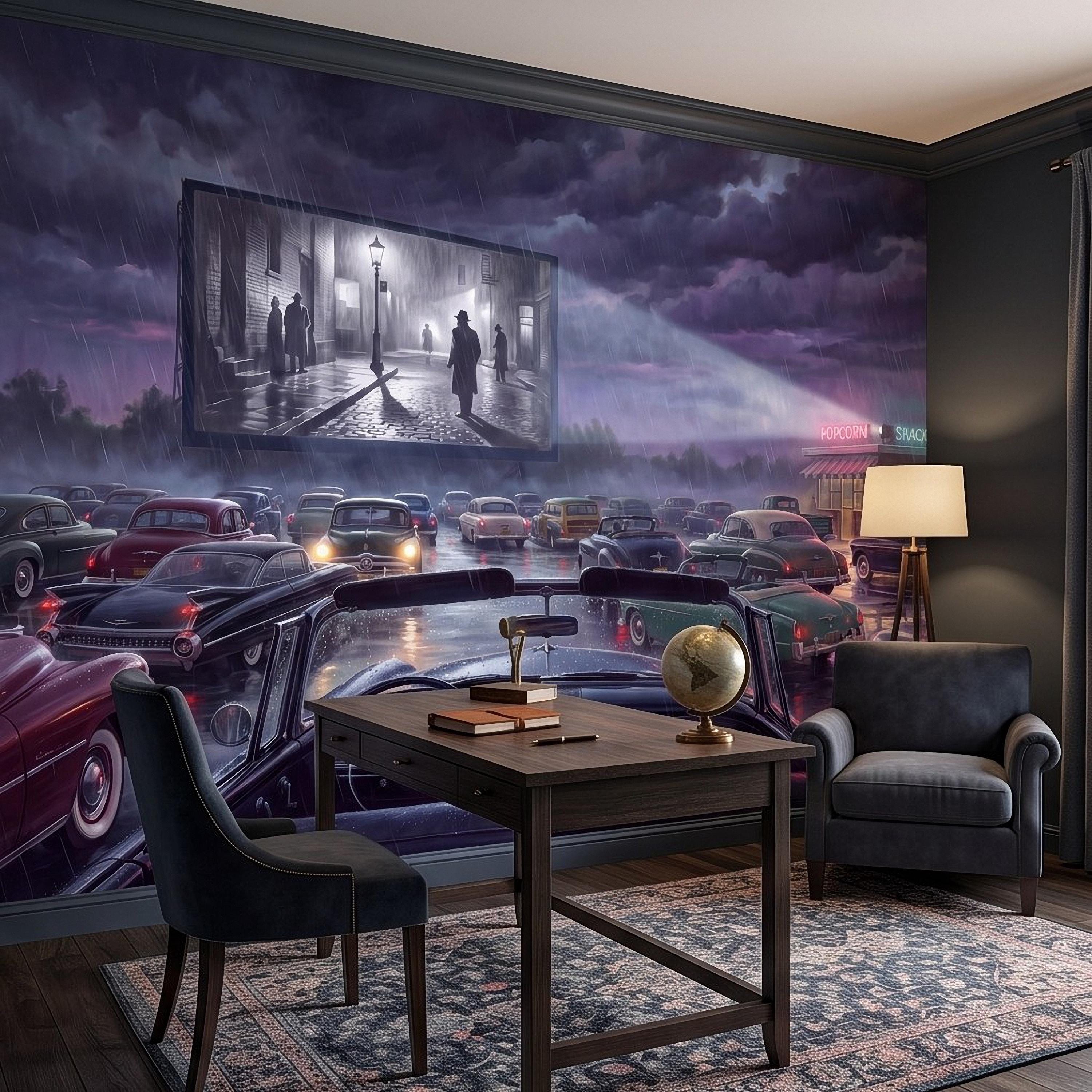 Vintage Drive In Movie Peel and Stick Wall Mural, Classic Cars Outdoor Cinema Rainy Night Retro Americana Nostalgic Movie Theater Wallpaper