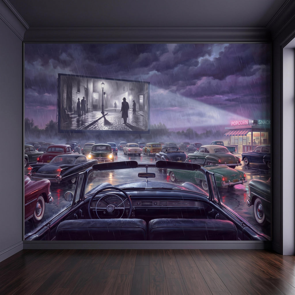 Vintage Drive In Movie Peel and Stick Wall Mural, Classic Cars Outdoor Cinema Rainy Night Retro Americana Nostalgic Movie Theater Wallpaper