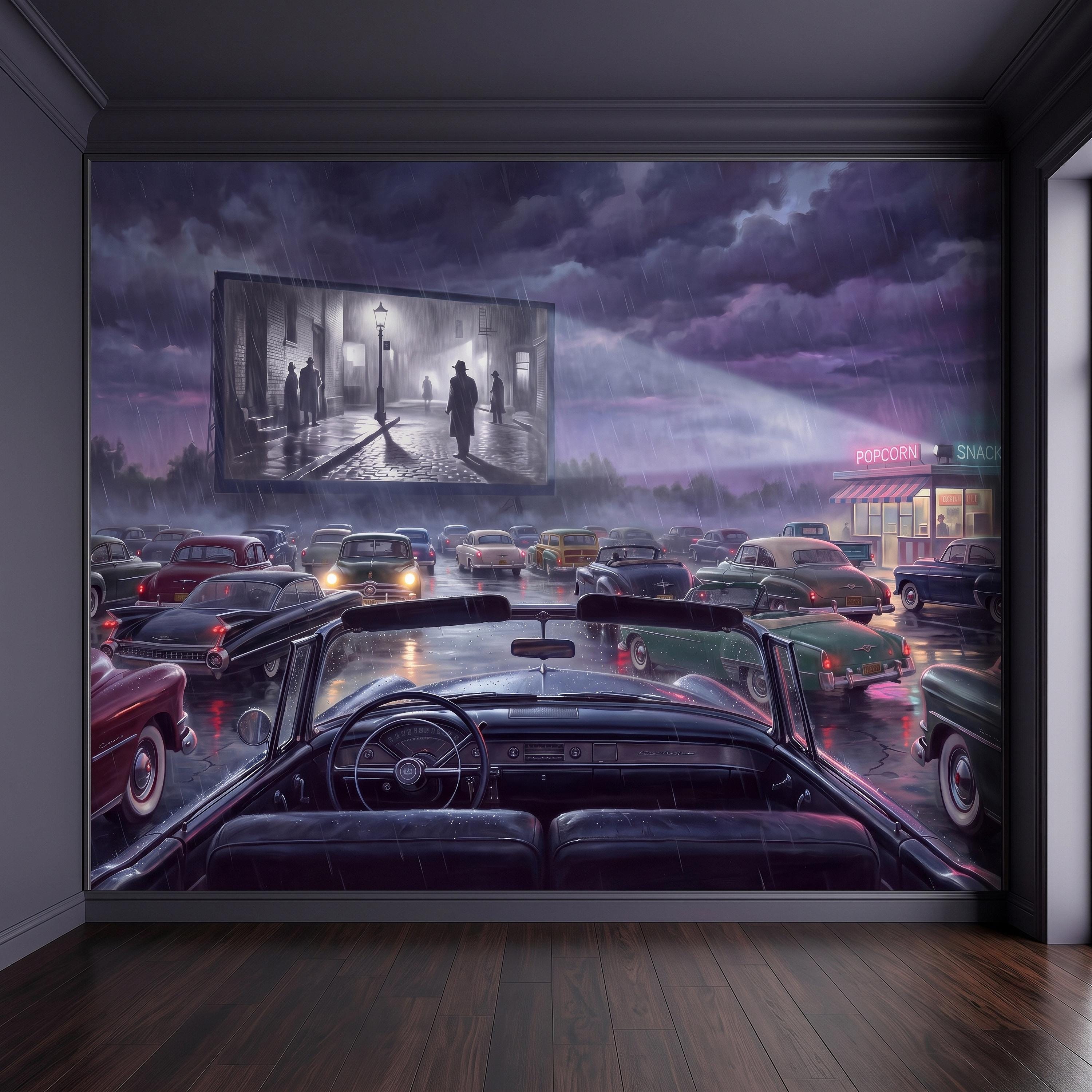 Vintage Drive In Movie Peel and Stick Wall Mural, Classic Cars Outdoor Cinema Rainy Night Retro Americana Nostalgic Movie Theater Wallpaper