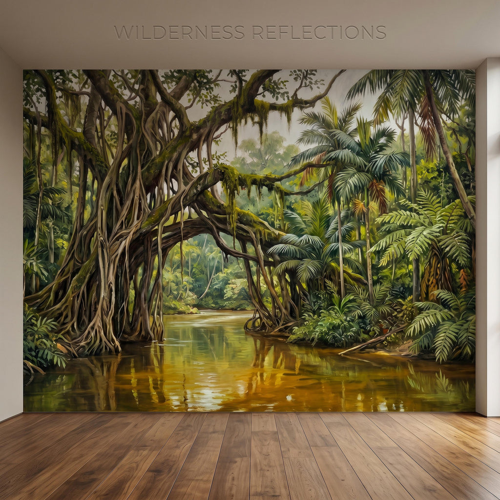Tropical Rainforest Peel and Stick Wall Mural, Lush Jungle River Landscape Giant Banyan Tree Palms Vintage Botanical Painting Wallpaper
