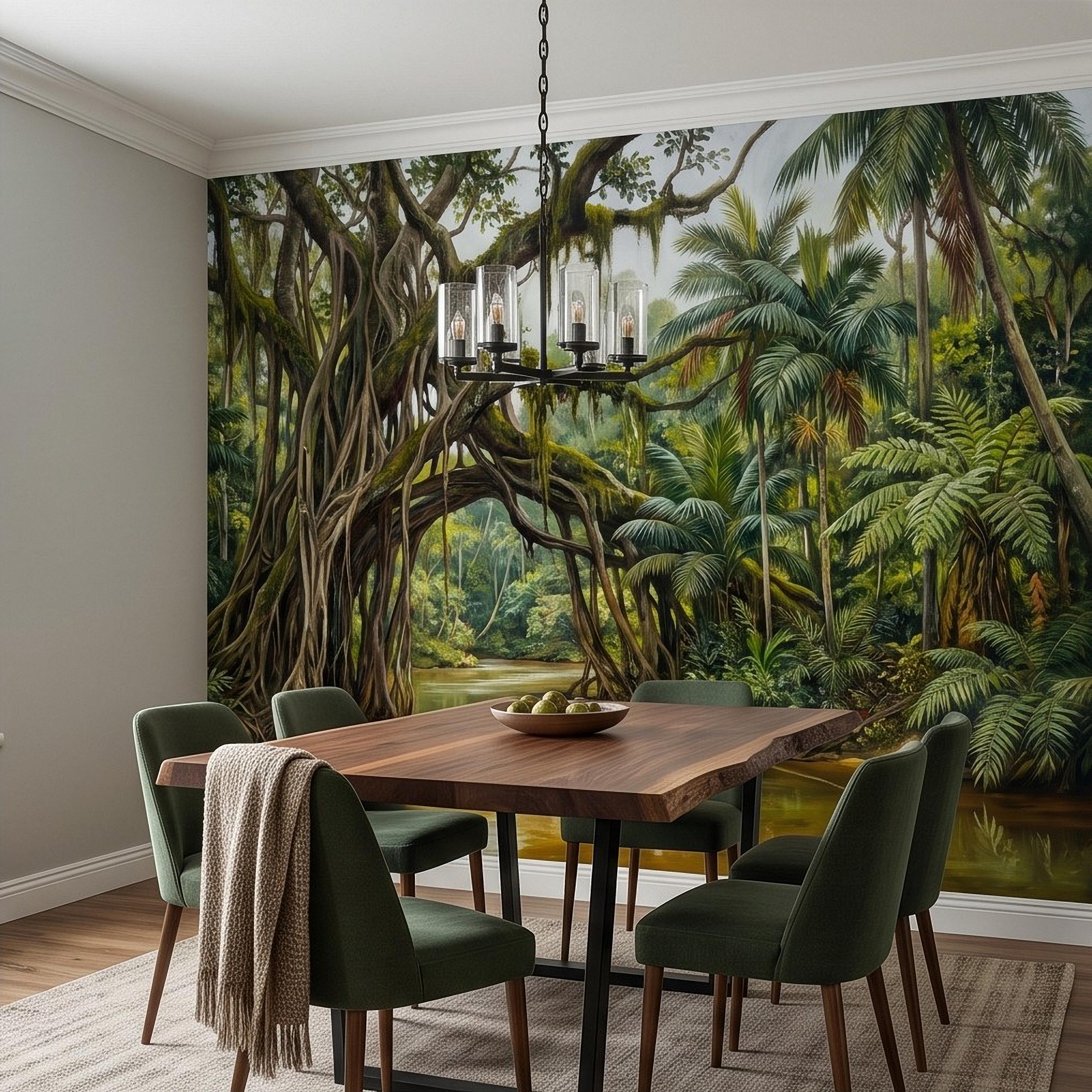 Tropical Rainforest Peel and Stick Wall Mural, Lush Jungle River Landscape Giant Banyan Tree Palms Vintage Botanical Painting Wallpaper