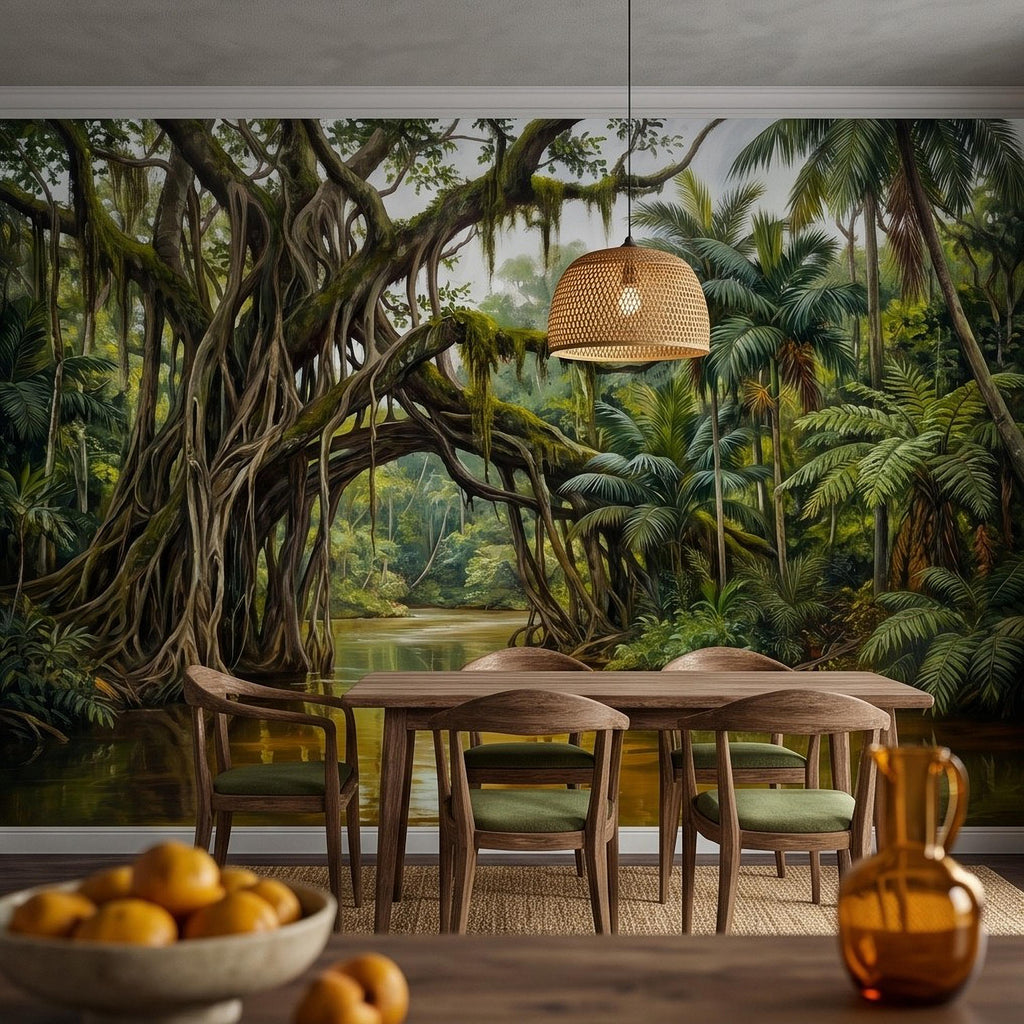 Tropical Rainforest Peel and Stick Wall Mural, Lush Jungle River Landscape Giant Banyan Tree Palms Vintage Botanical Painting Wallpaper