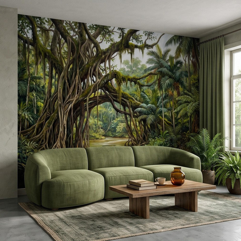 Tropical Rainforest Peel and Stick Wall Mural, Lush Jungle River Landscape Giant Banyan Tree Palms Vintage Botanical Painting Wallpaper