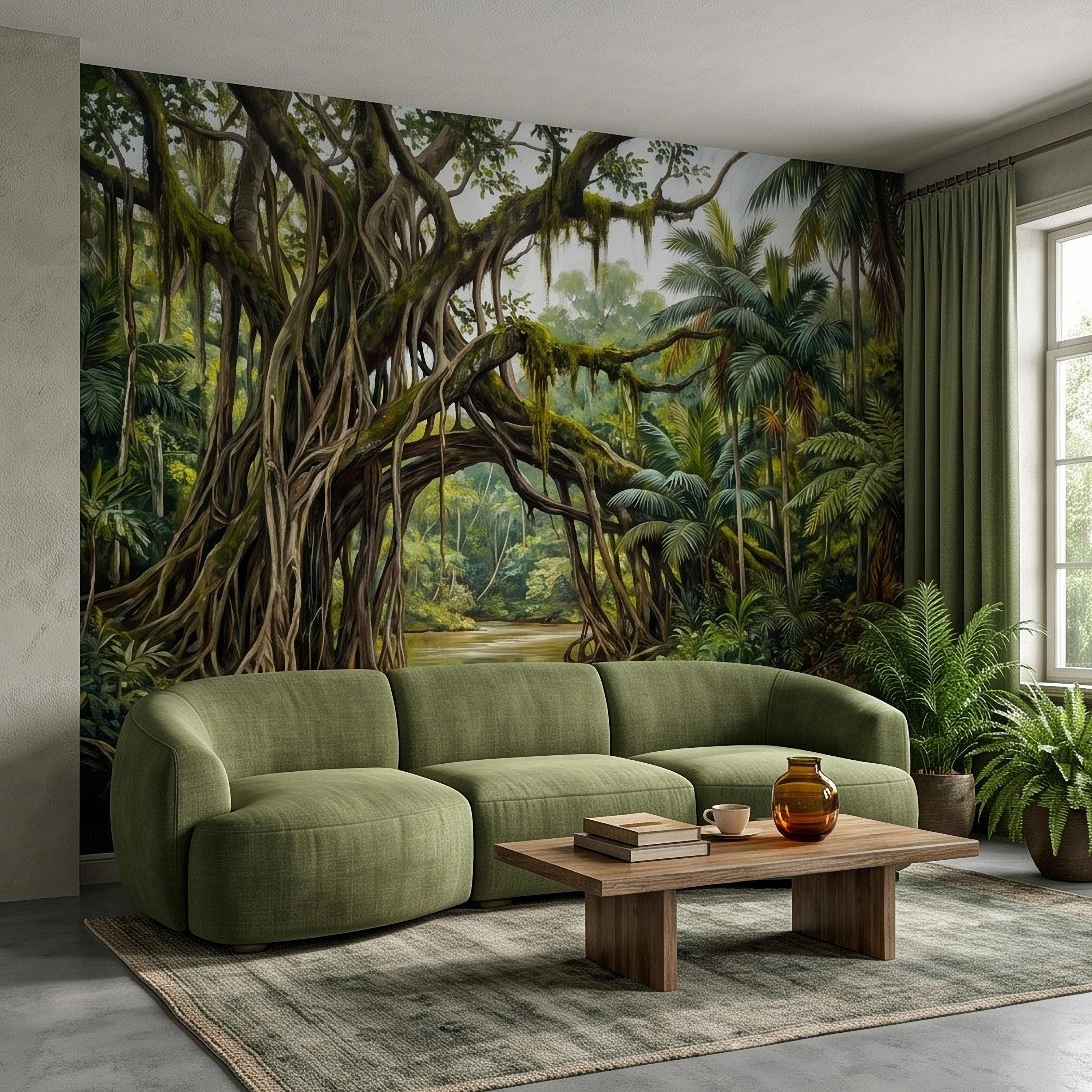 Tropical Rainforest Peel and Stick Wall Mural, Lush Jungle River Landscape Giant Banyan Tree Palms Vintage Botanical Painting Wallpaper