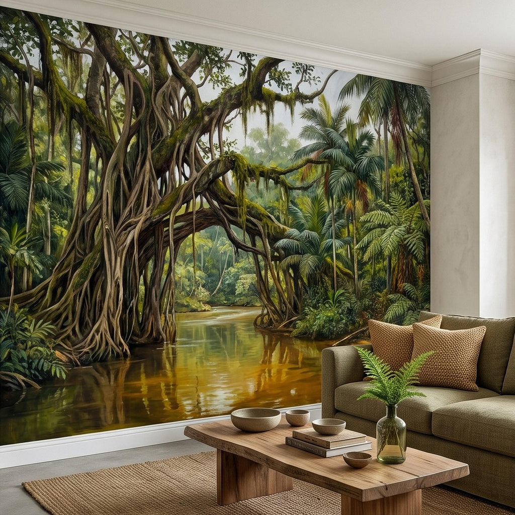 Tropical Rainforest Peel and Stick Wall Mural, Lush Jungle River Landscape Giant Banyan Tree Palms Vintage Botanical Painting Wallpaper