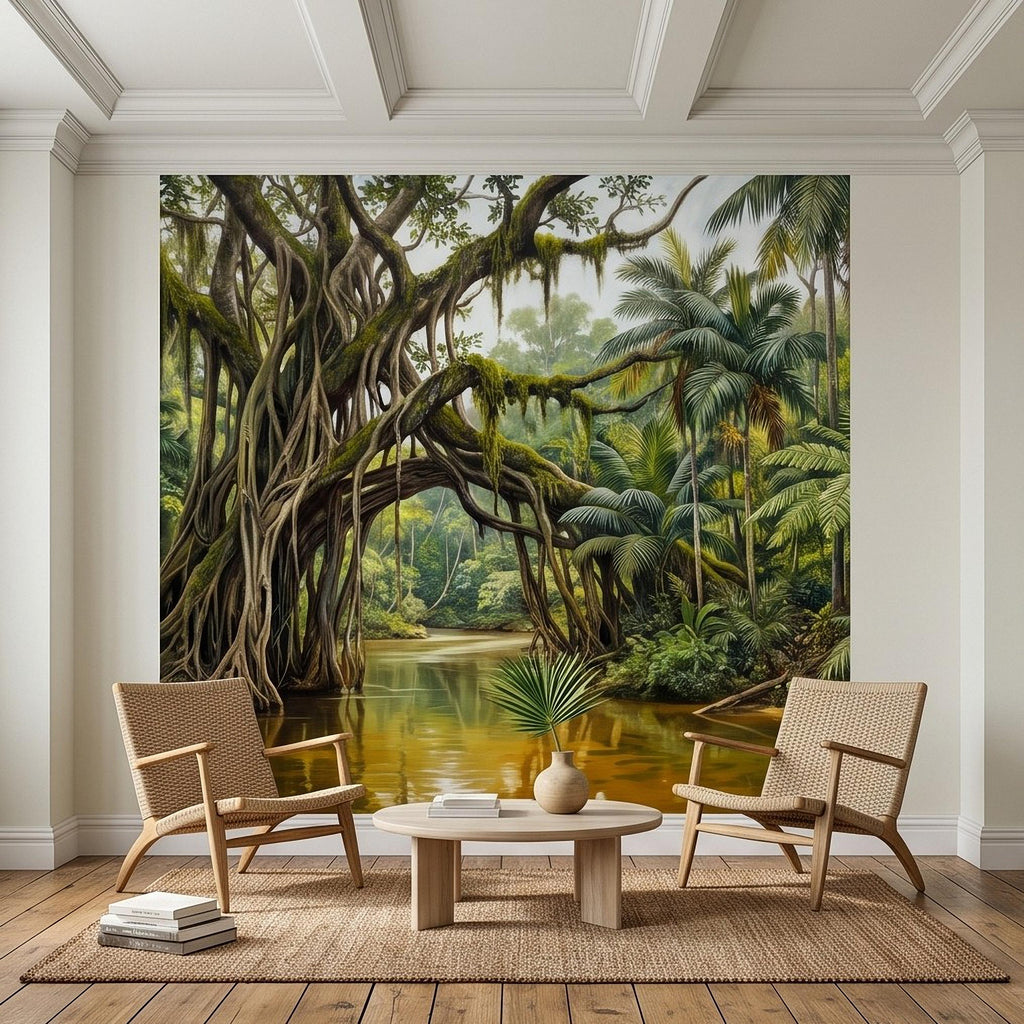 Tropical Rainforest Peel and Stick Wall Mural, Lush Jungle River Landscape Giant Banyan Tree Palms Vintage Botanical Painting Wallpaper