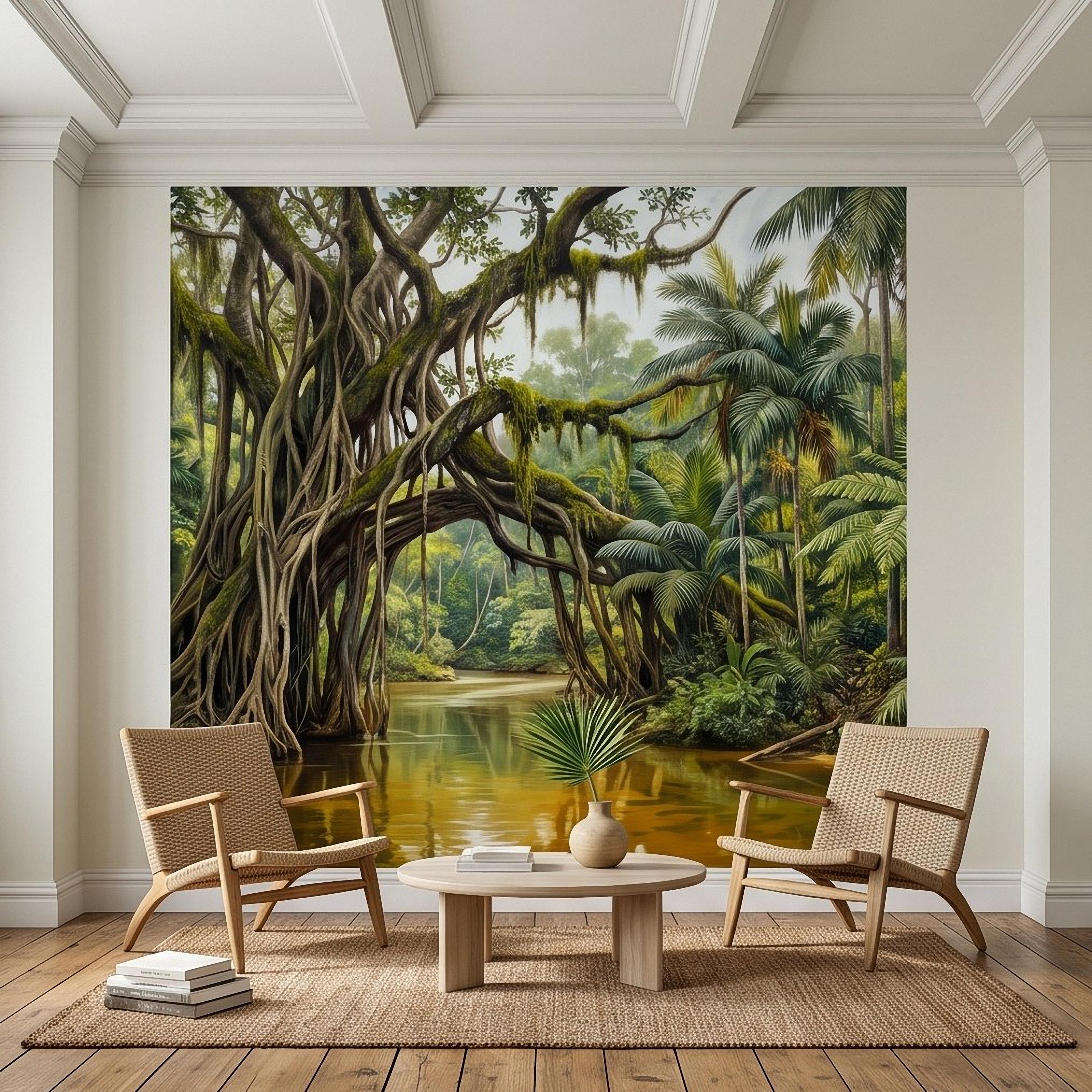 Tropical Rainforest Peel and Stick Wall Mural, Lush Jungle River Landscape Giant Banyan Tree Palms Vintage Botanical Painting Wallpaper