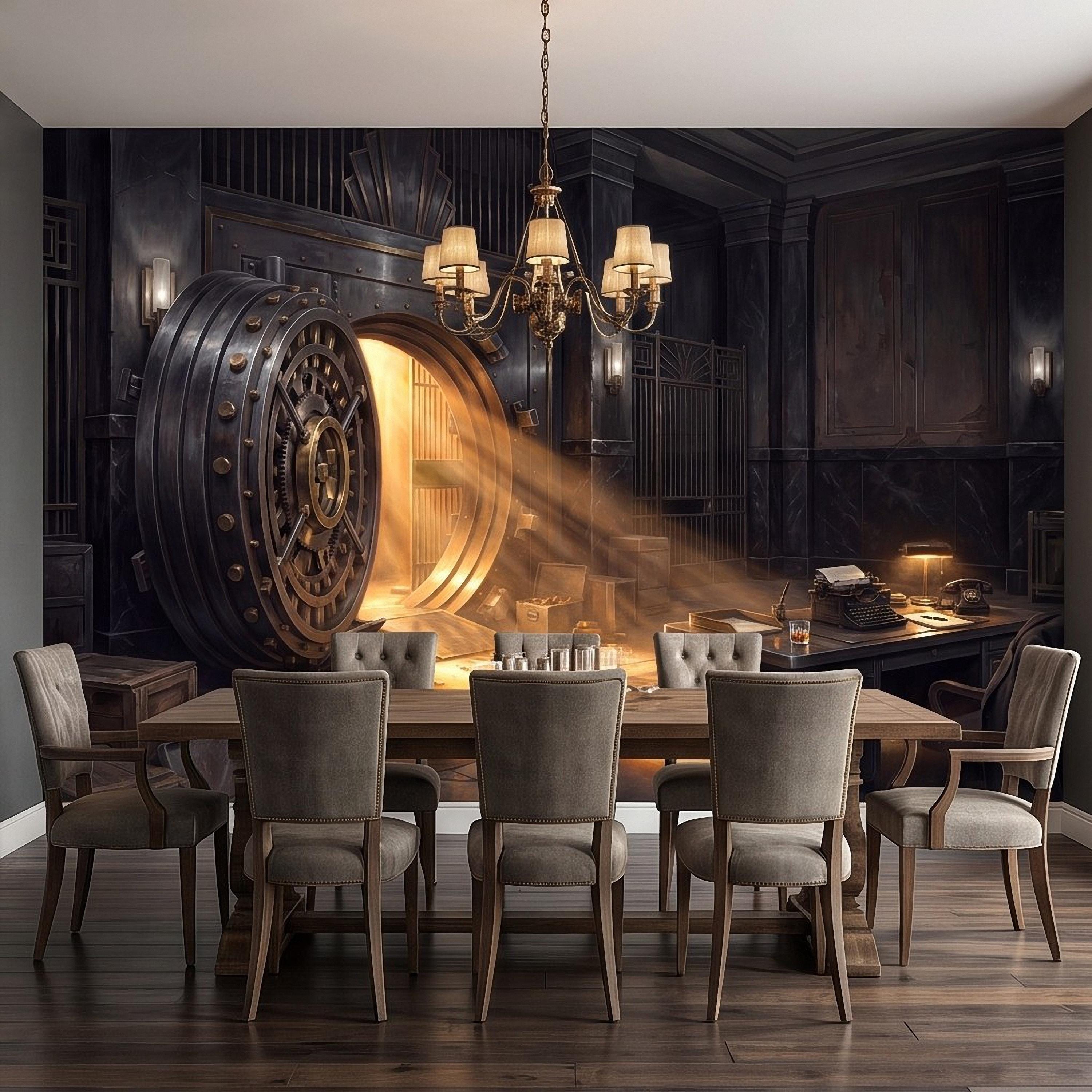 Bank Vault Peel and Stick Wall Mural, Open Safe Gold Bars Vintage Office Dark Luxury Interior Secret Treasure Dramatic Industrial Wallpaper