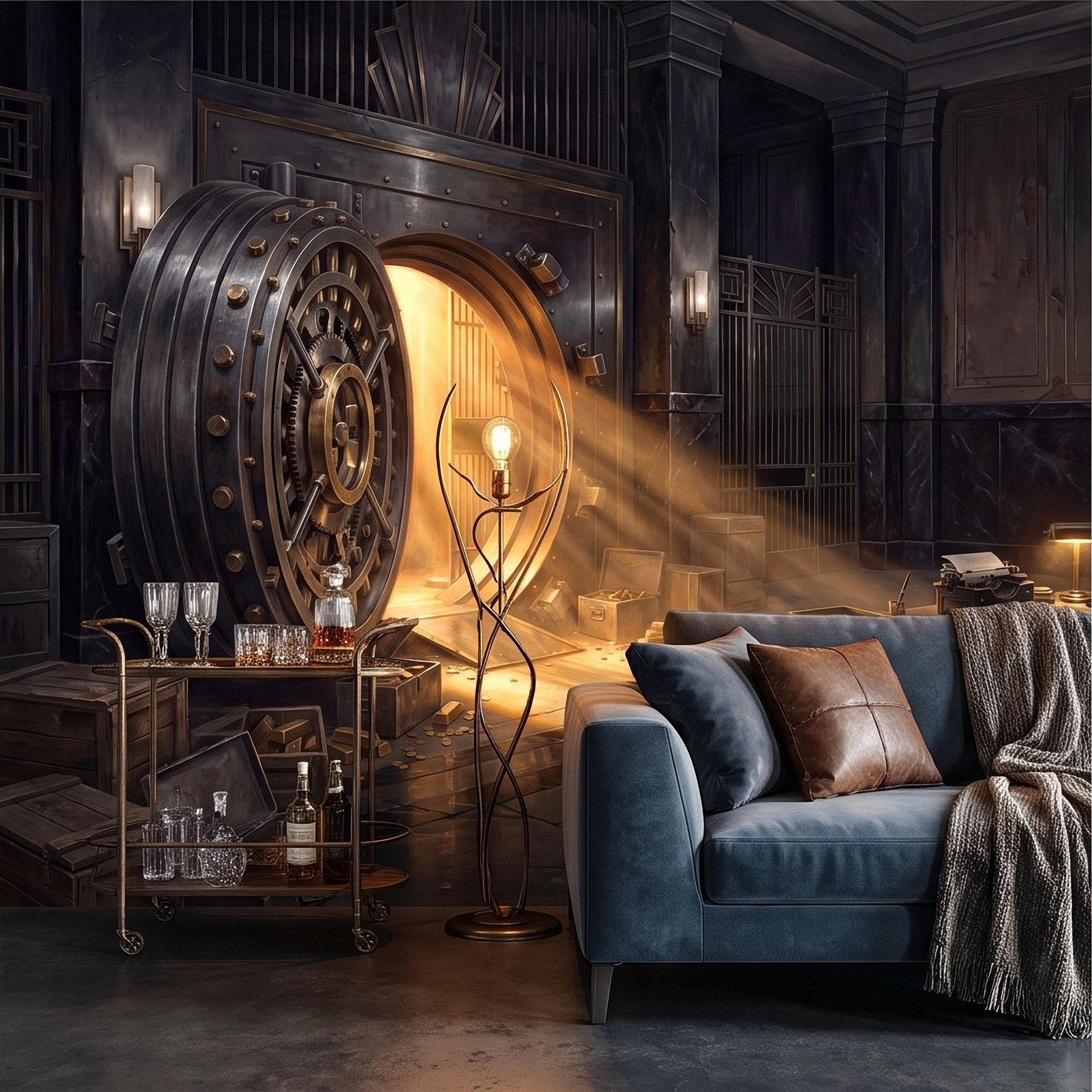 Bank Vault Peel and Stick Wall Mural, Open Safe Gold Bars Vintage Office Dark Luxury Interior Secret Treasure Dramatic Industrial Wallpaper