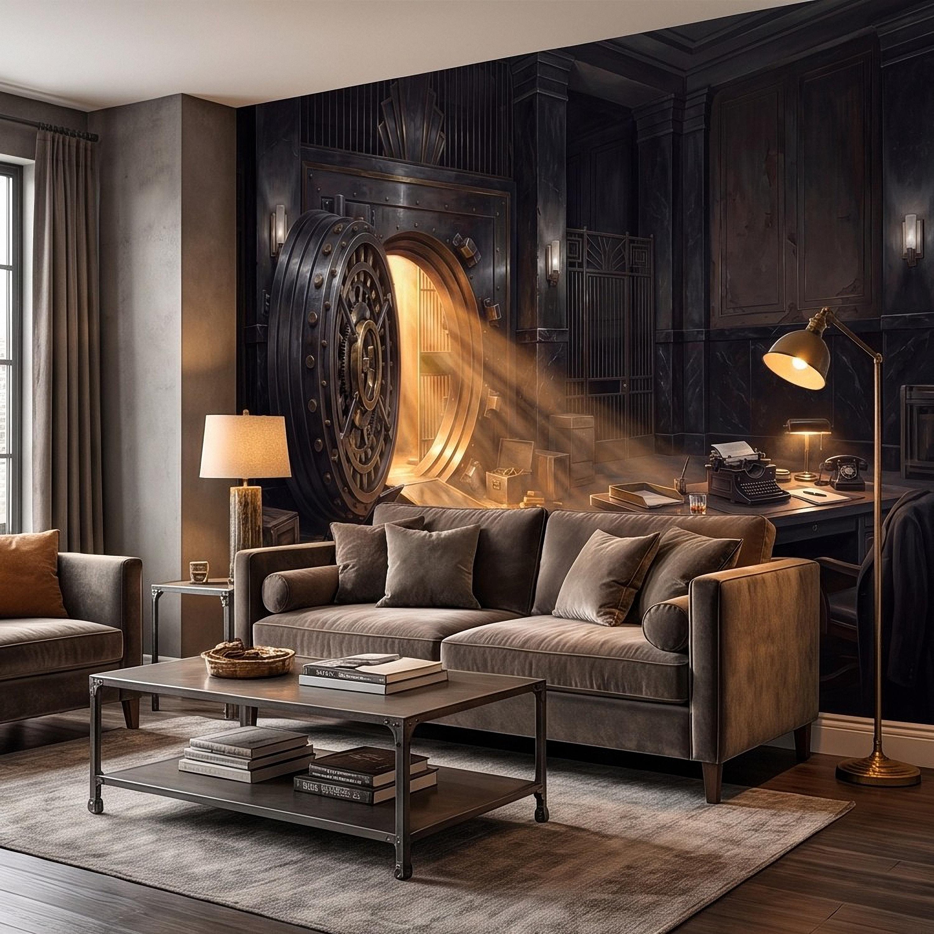 Bank Vault Peel and Stick Wall Mural, Open Safe Gold Bars Vintage Office Dark Luxury Interior Secret Treasure Dramatic Industrial Wallpaper
