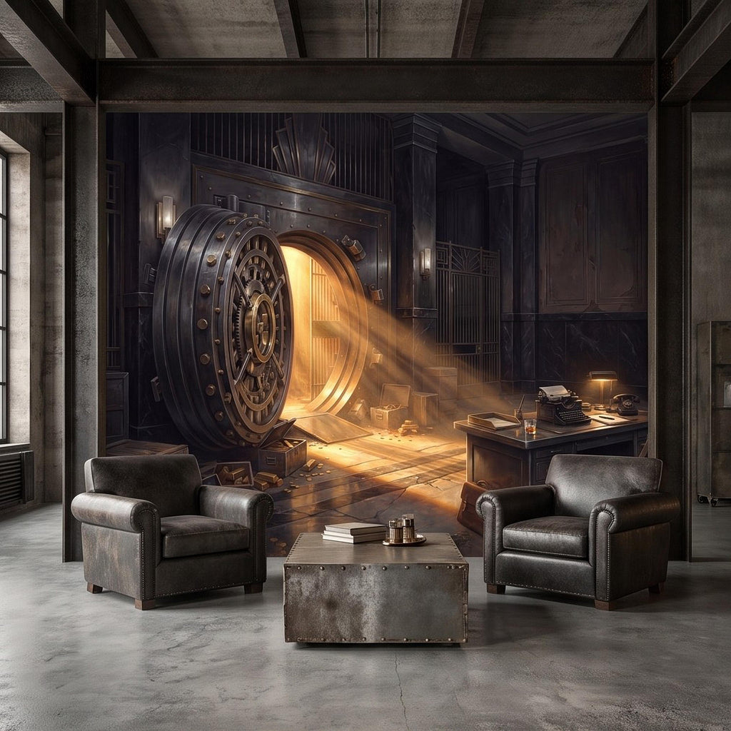 Bank Vault Peel and Stick Wall Mural, Open Safe Gold Bars Vintage Office Dark Luxury Interior Secret Treasure Dramatic Industrial Wallpaper